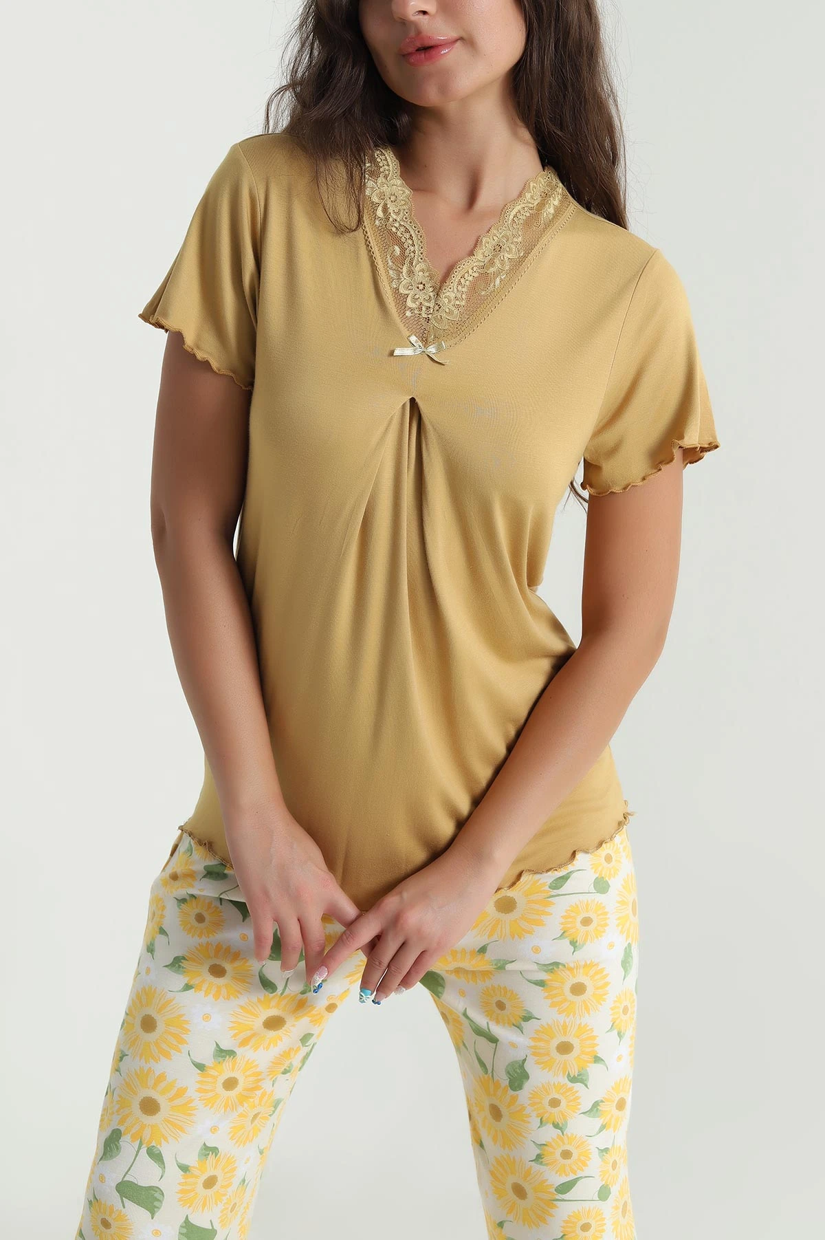 Hardal Yakası Dantelli Ring Viskon Kadın Pijama Takımı 479549