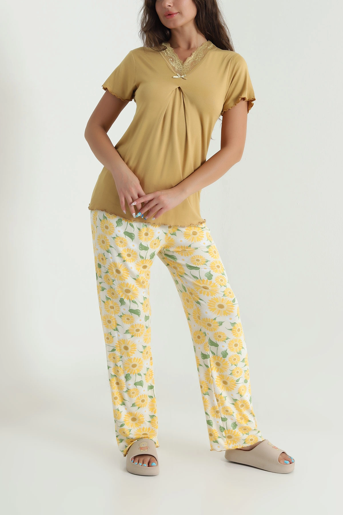 Hardal Yakası Dantelli Ring Viskon Kadın Pijama Takımı 479549