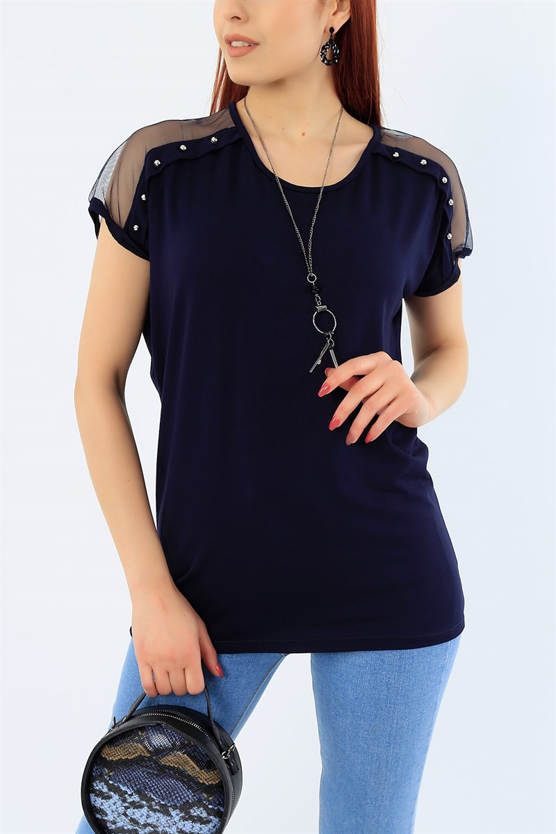 İnce Detay Likralı Lacivert Bluz 31133