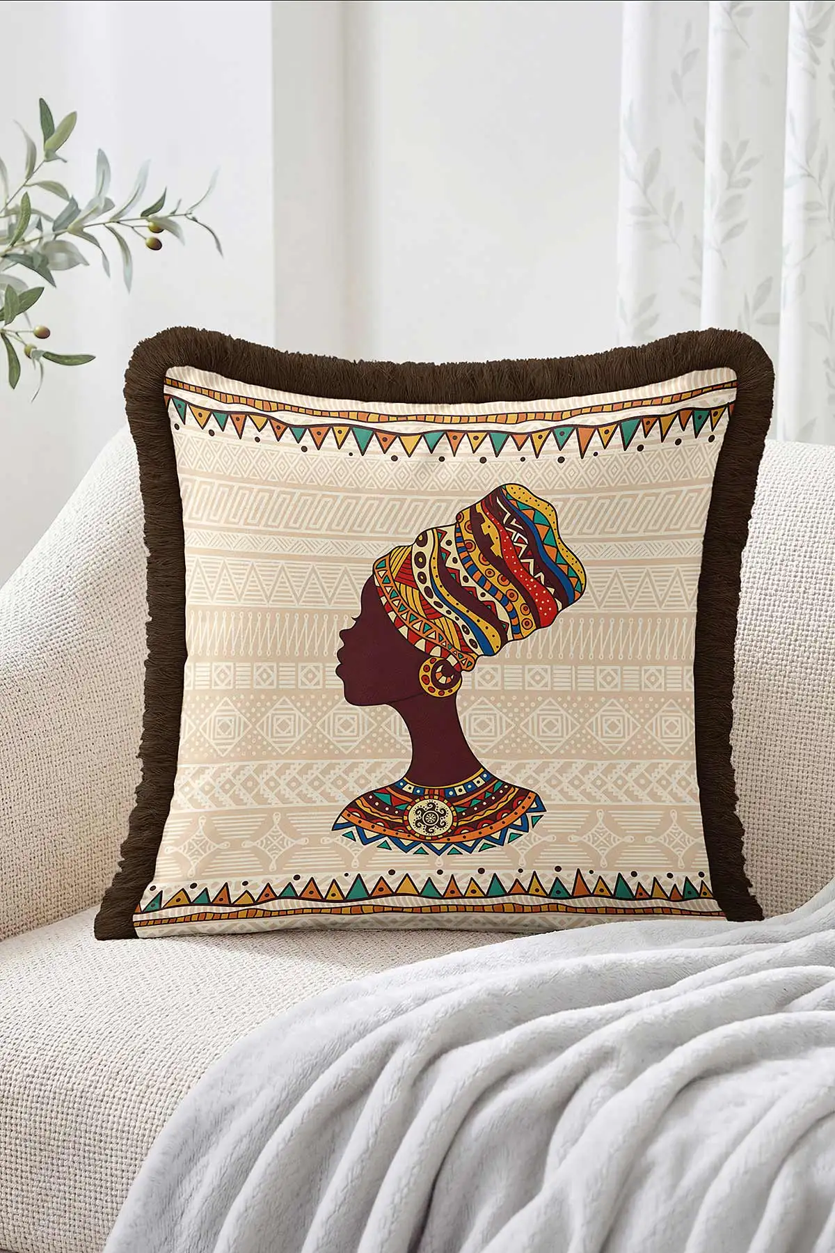 43x43 Cm Dijital Baskılı Fermuarlı Çift Taraflı Saçaklı Kırlent Kılıfı 483429