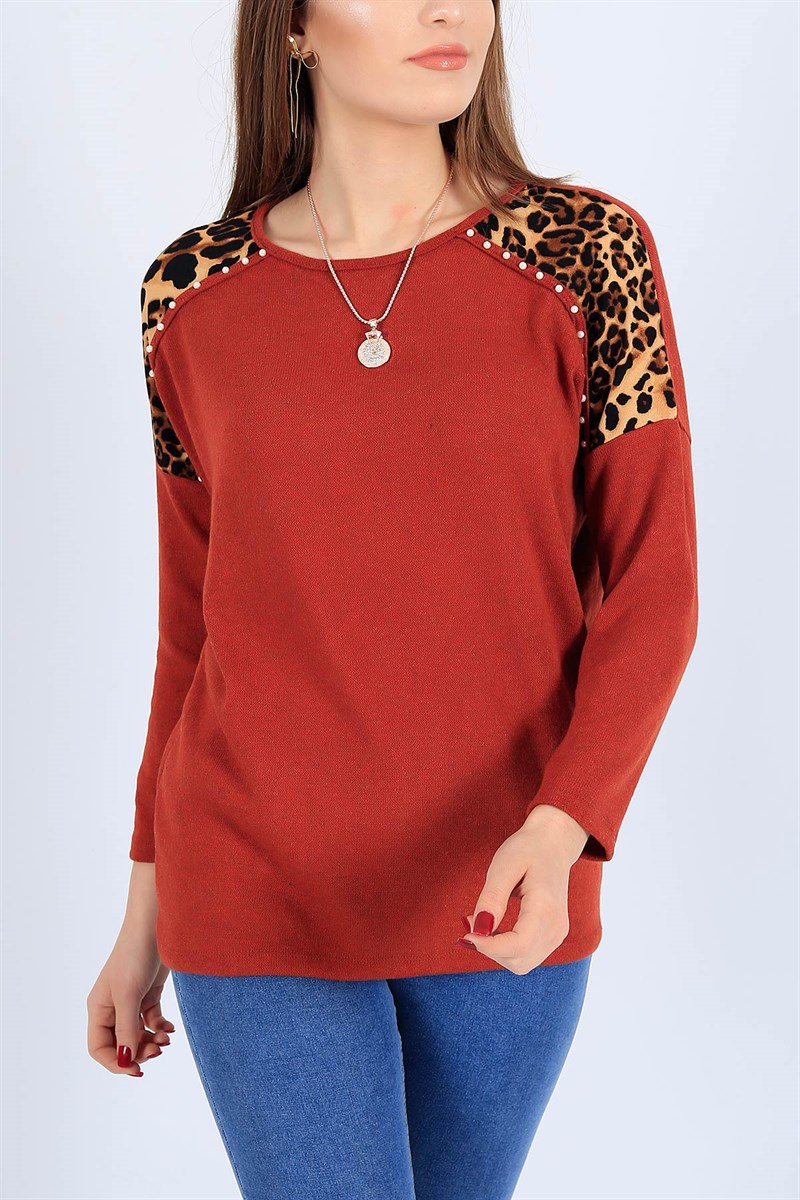İnci İşlemeli Kiremit Bluz 25876B