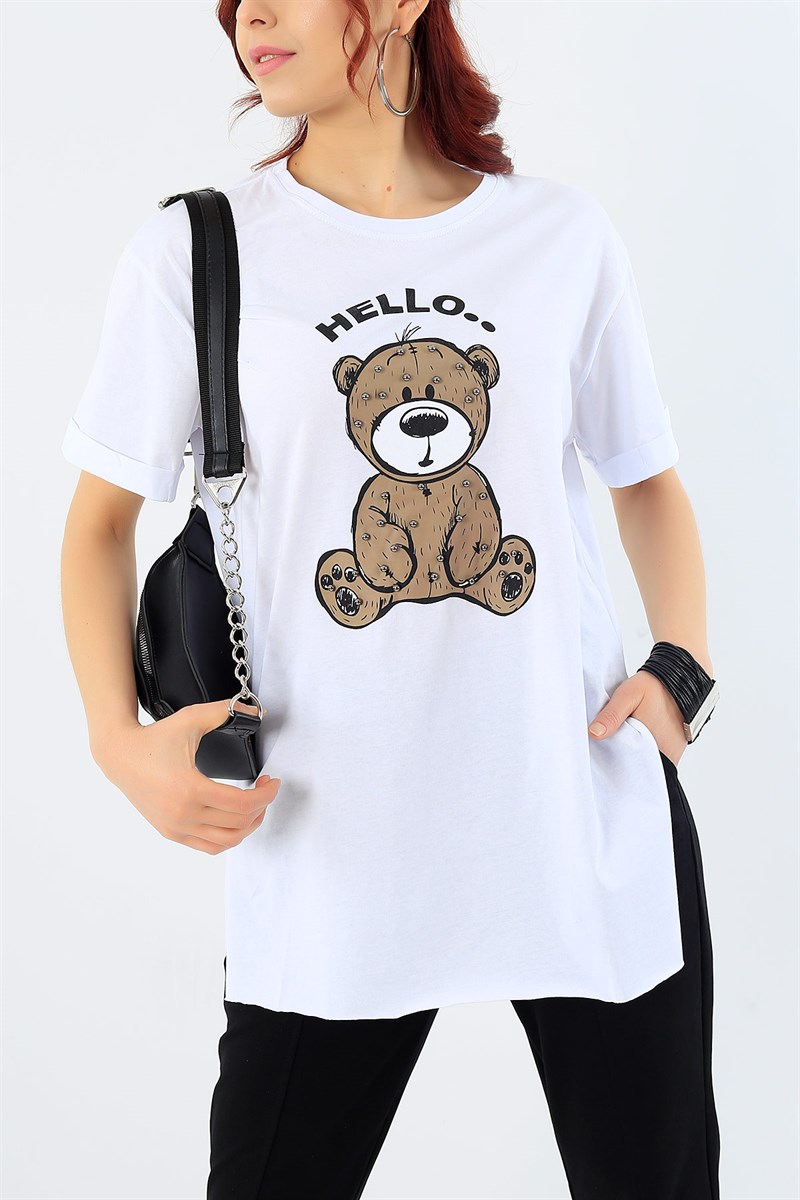 İncili Yırtmaçlı Beyaz Tişört 30396