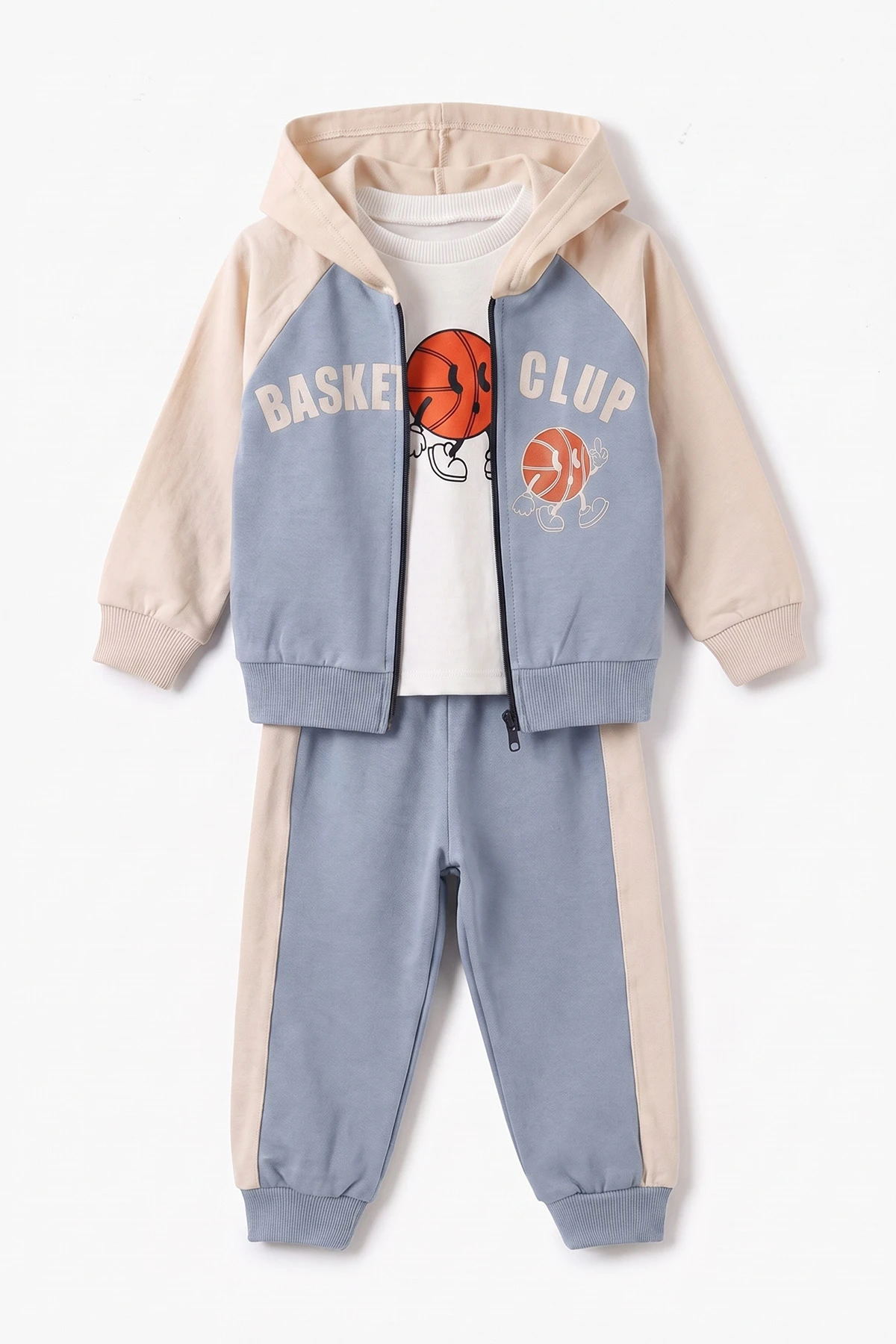 İndigo (0-4 Yaş) Basketball Baskılı Kapüşonlu Fermuarlı Hırkalı Erkek Çocuk 2 İp 3'lü Takım 471511