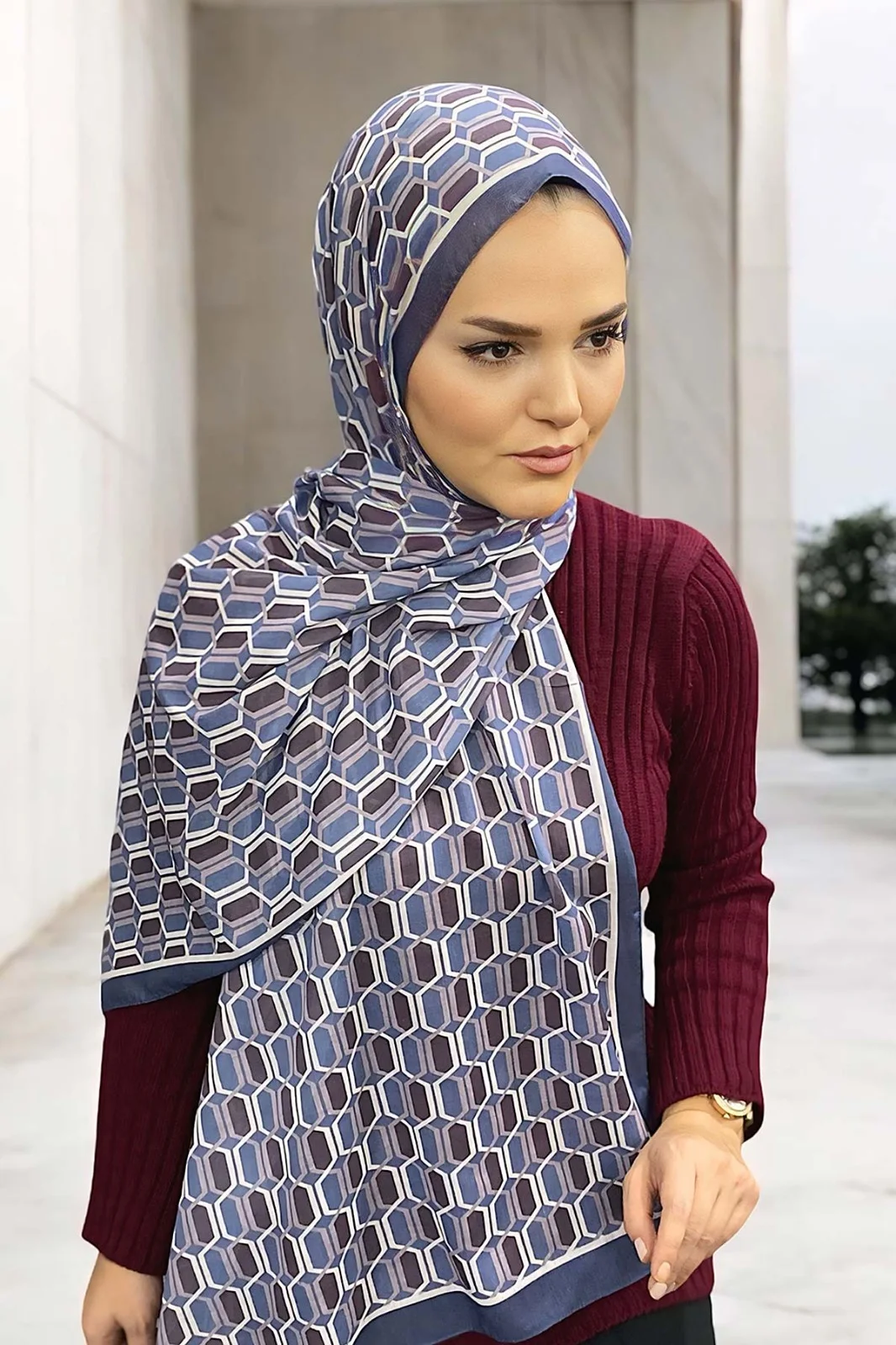 İndigo 180X70 cm Dijital Baskı Chaıne Desenli Pamuk Şal 333220