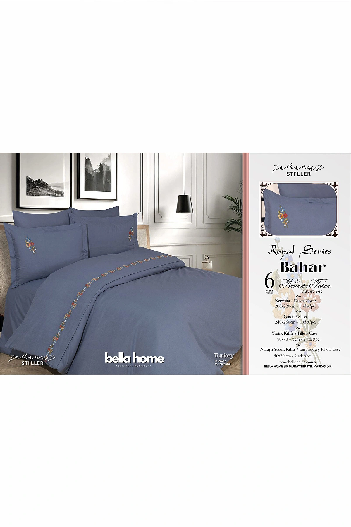 İndigo 200x220 Cm Bella Home Bahar Çift Kişilik 6 Parça Nakışlı Nevresim Takımı 474572