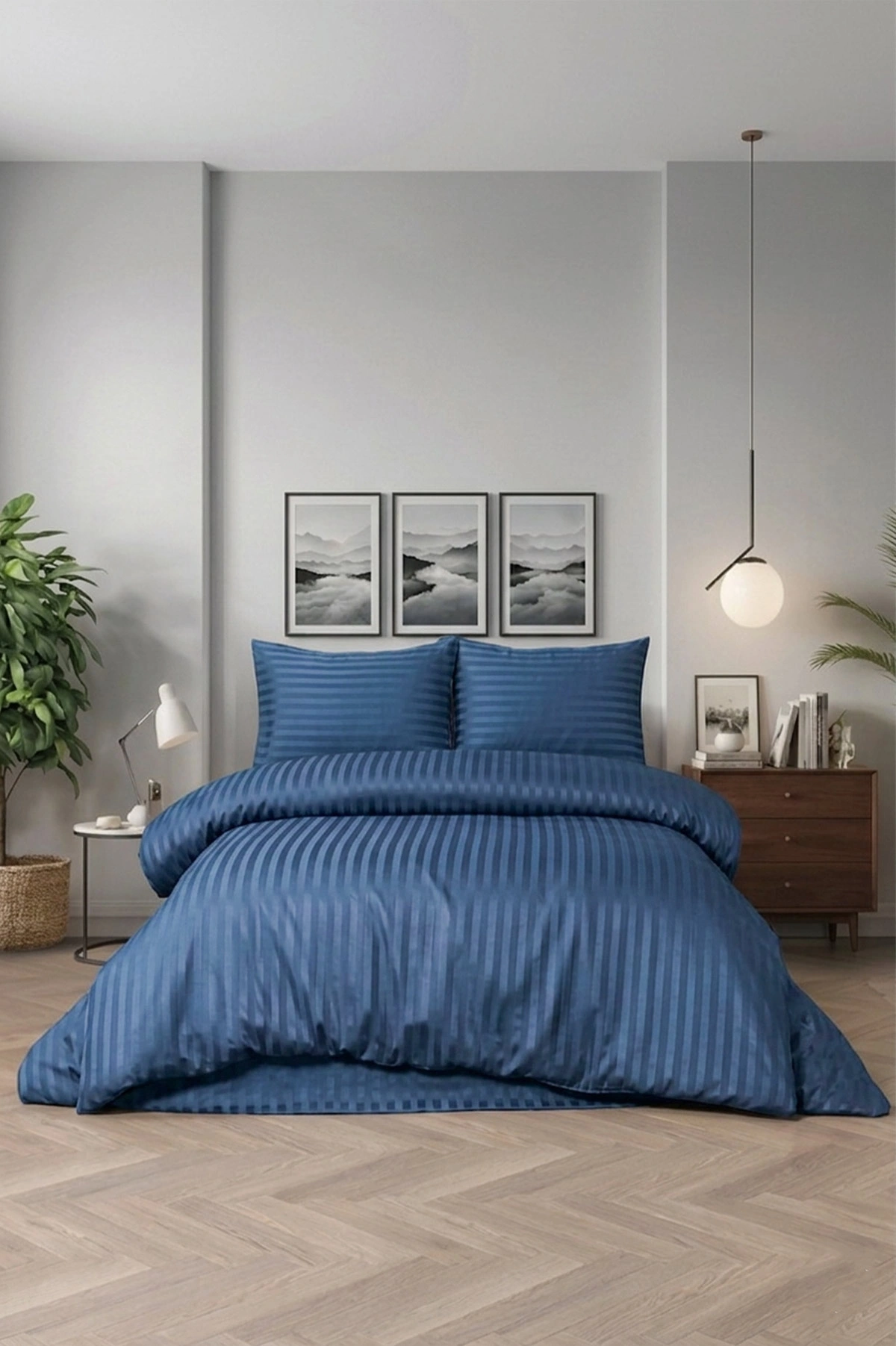 İndigo 200x220 Cm Bella Home Çift Kişilik Çizgili Saten Nevresim Takımı 446780