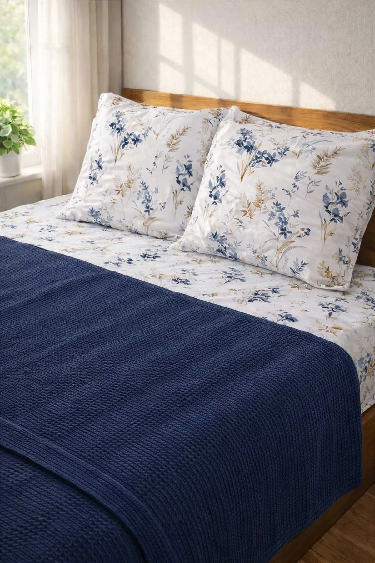 İndigo 200x230 Cm Bella Home Çift Kişilik Pamuklu Petek Pike Takımı 474615