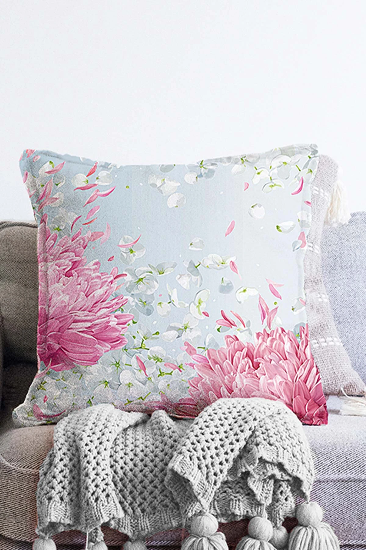 Pembe 43x43 Dijital Baskılı Fermuarlı Modern Kırlent Kılıfı 272876
