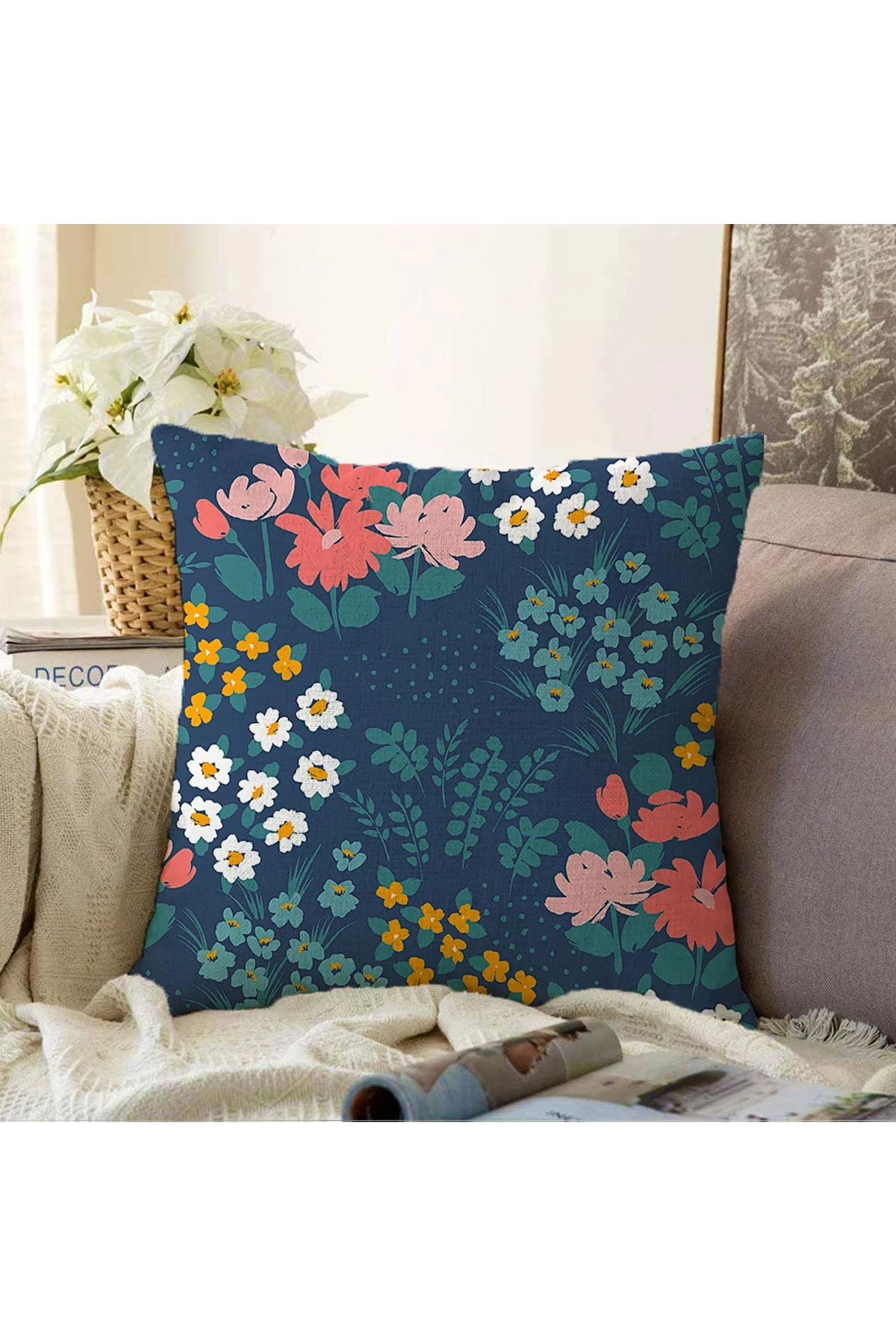 Lacivert 43x43 Dijital Baskılı Fermuarlı Modern Kırlent Kılıfı 272886