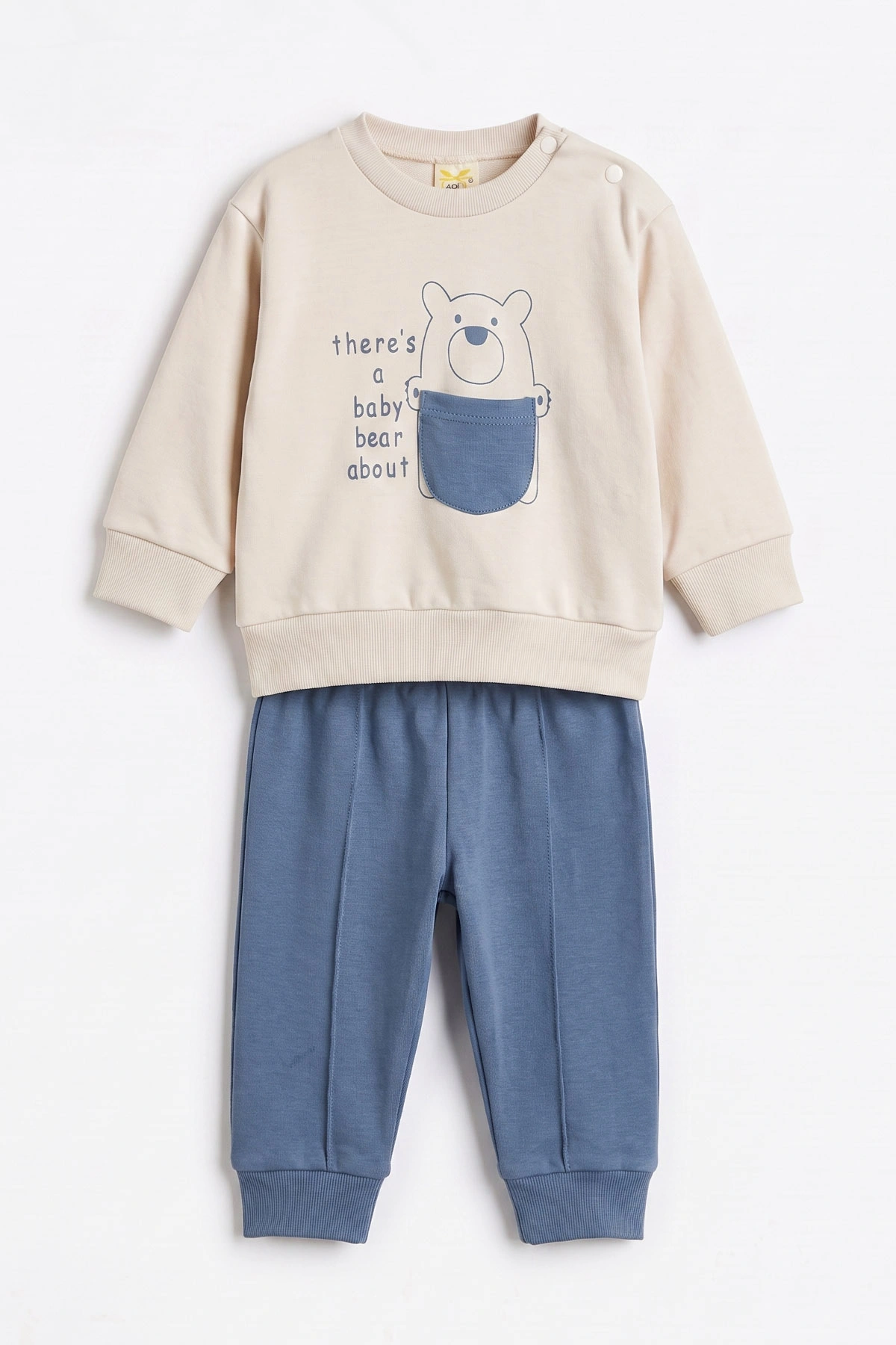 İndigo (6-18 Ay)Bear Baskılı Cep Detaylı Çıtçıtlı Çimalı Erkek Bebek Takım 477822