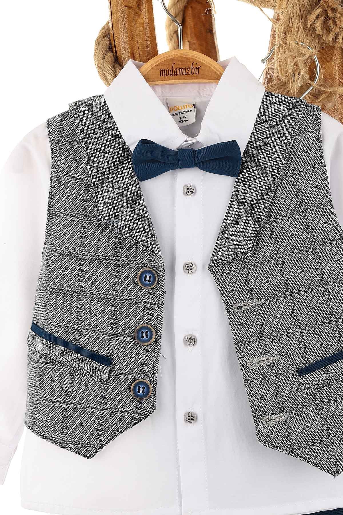 İndigo (6-9 Yaş) Ekose Desenli Papyonlu Erkek Çocuk Takım 159014