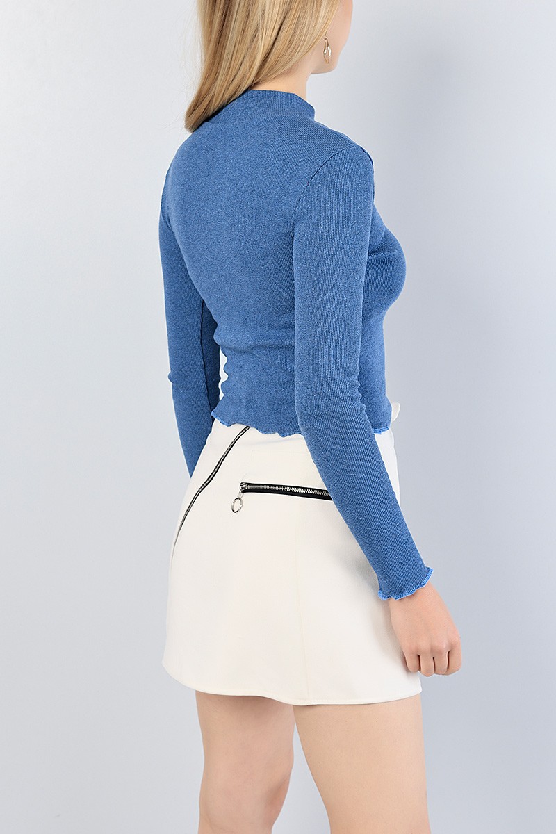 İndigo Balıkçı Yaka Fitilli Triko Bluz 82399