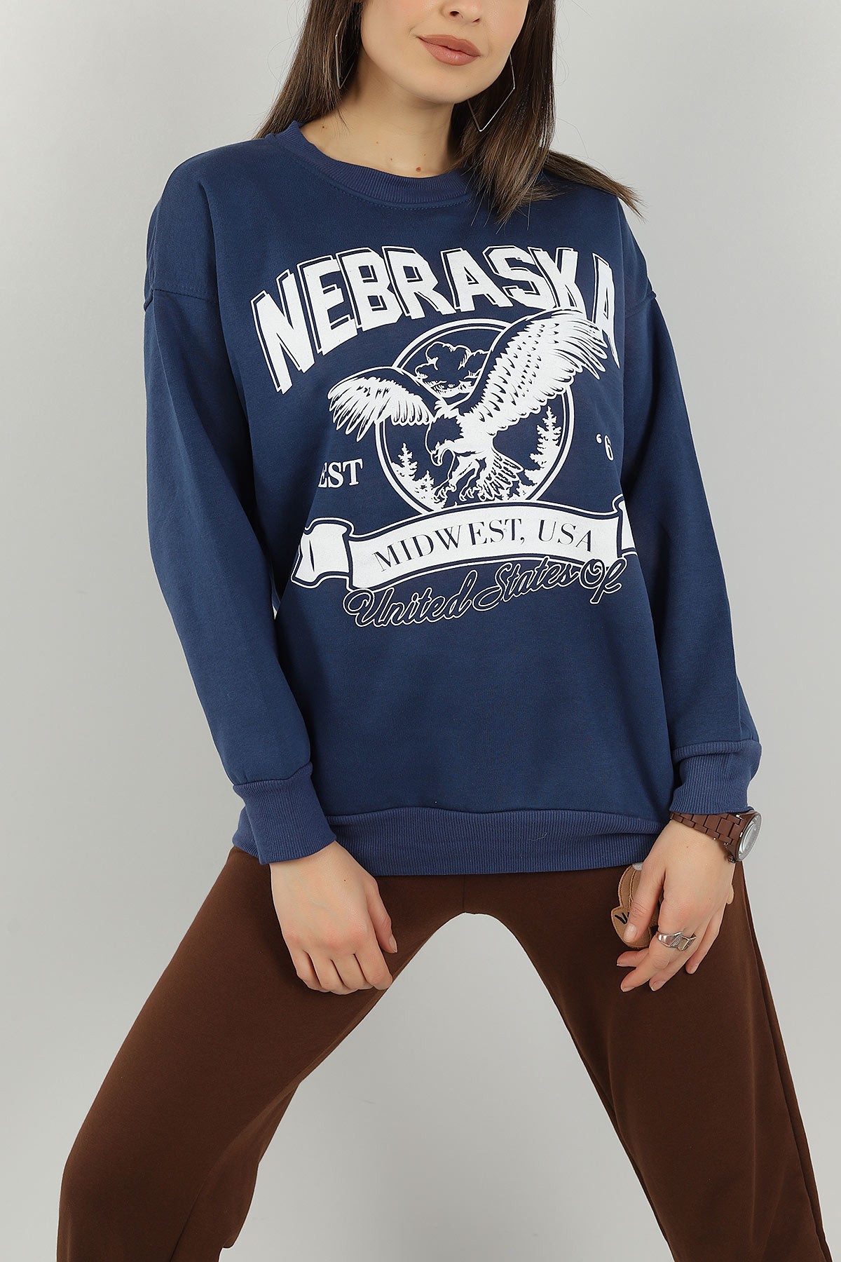 İndigo Baskılı İçi Şardonlu Bayan Sweat 144955