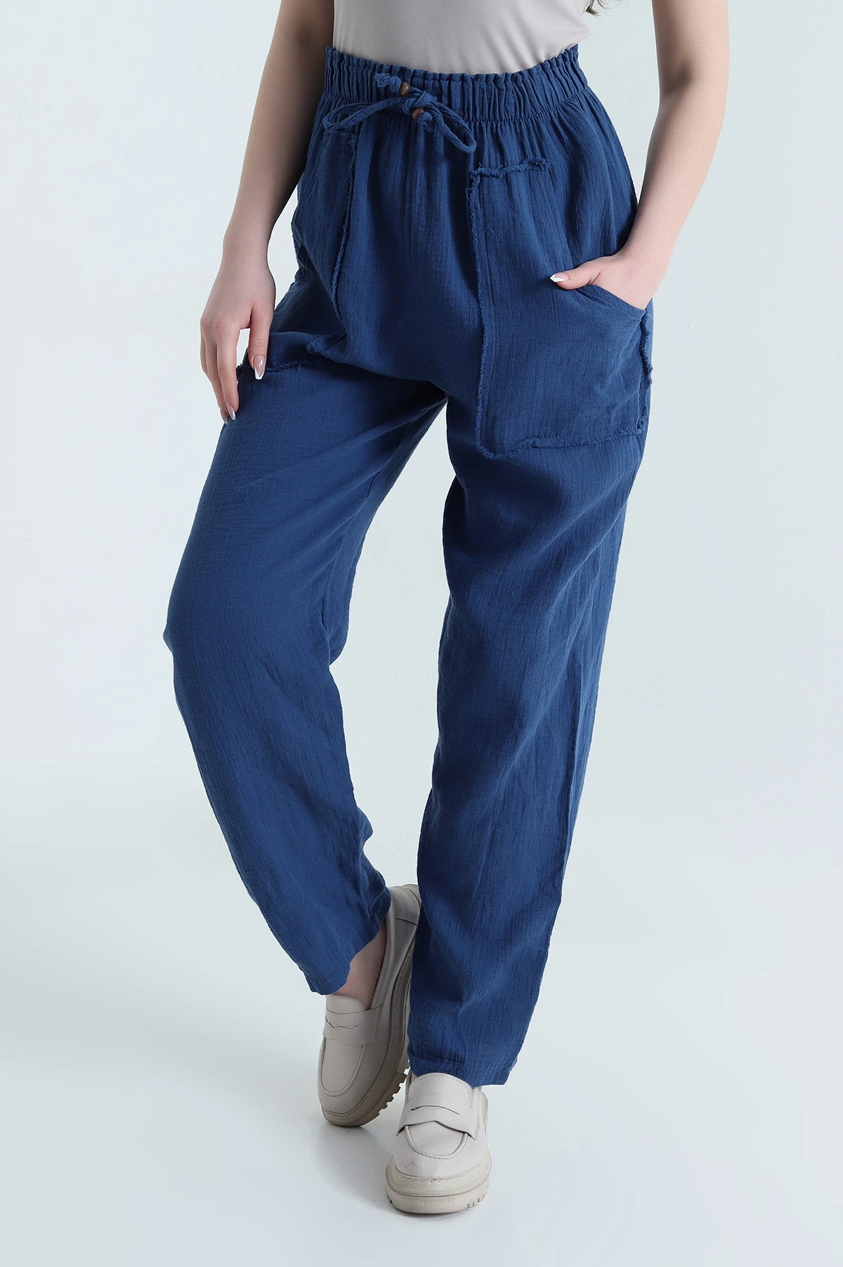 İndigo Beli Lastikli Müslin Keten Kadın Pantolon 451556