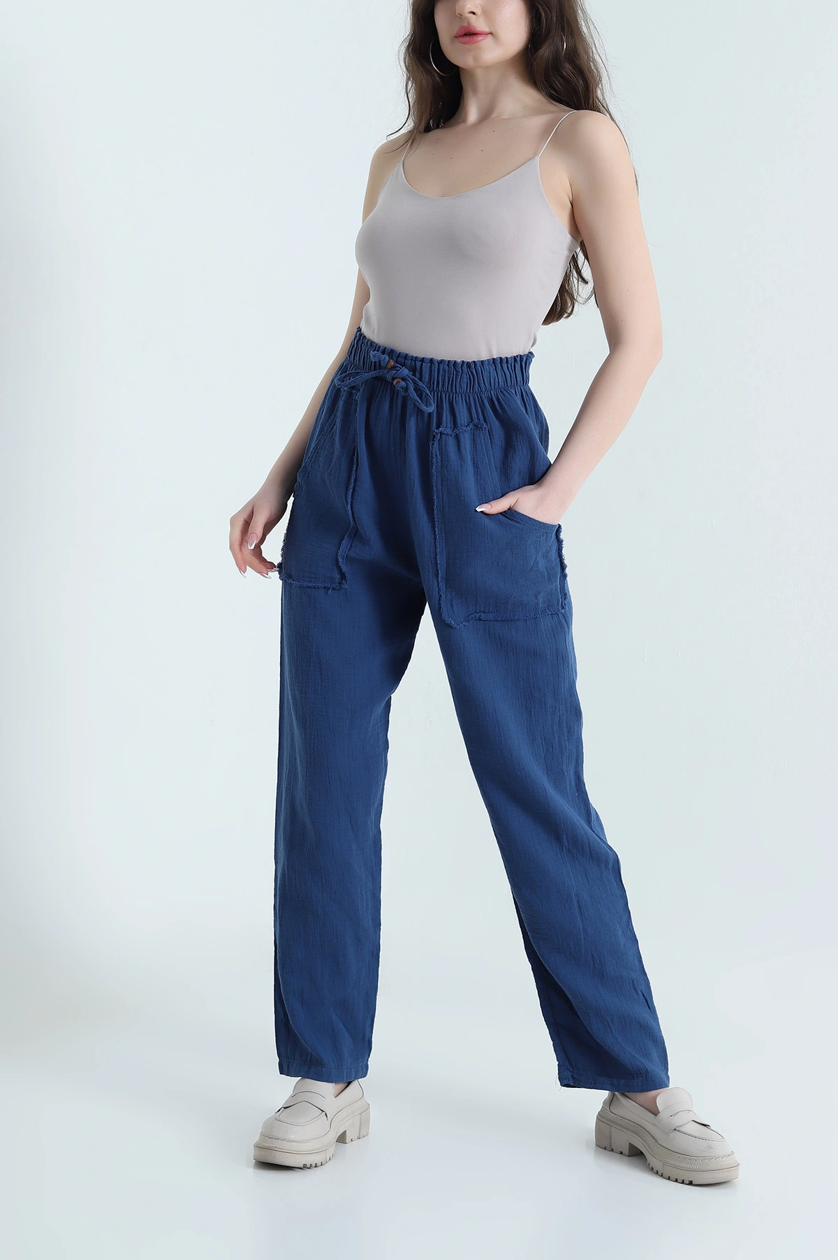 İndigo Beli Lastikli Müslin Keten Kadın Pantolon 451556