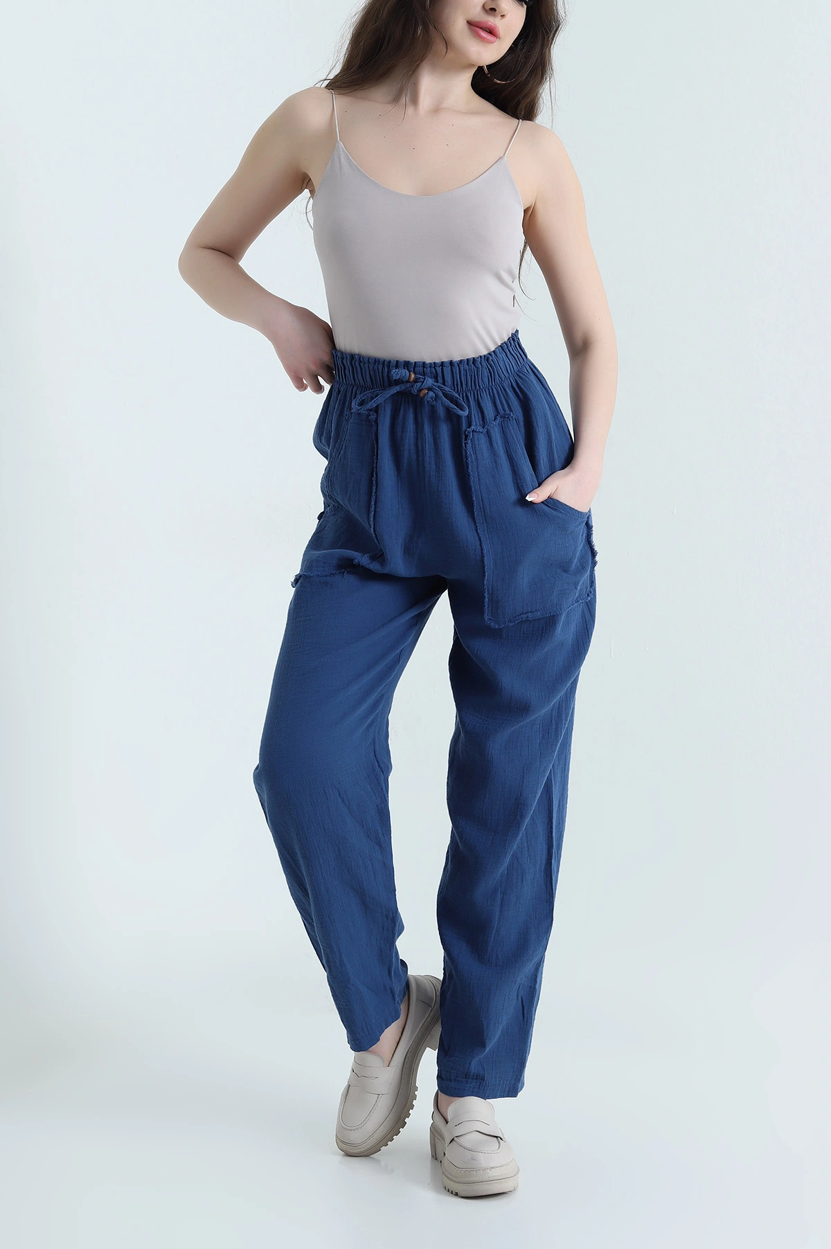 İndigo Beli Lastikli Müslin Keten Kadın Pantolon 451556