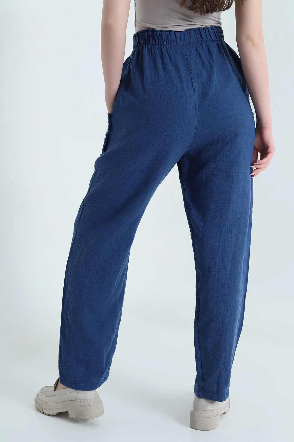 İndigo Beli Lastikli Müslin Keten Kadın Pantolon 451556