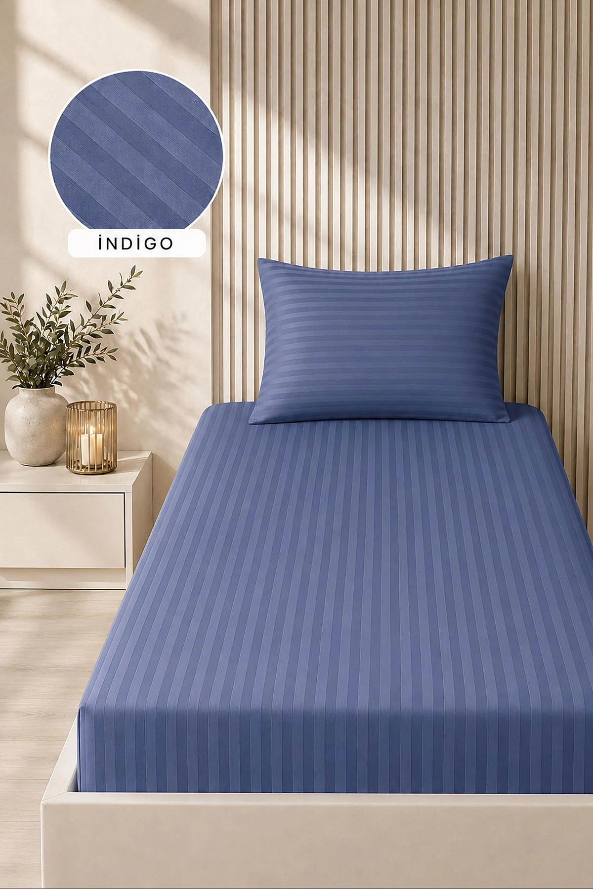 İndigo Bella Home 100x200 Cm Tek Kişilik Çizgili Saten Çarşaf Seti 482999