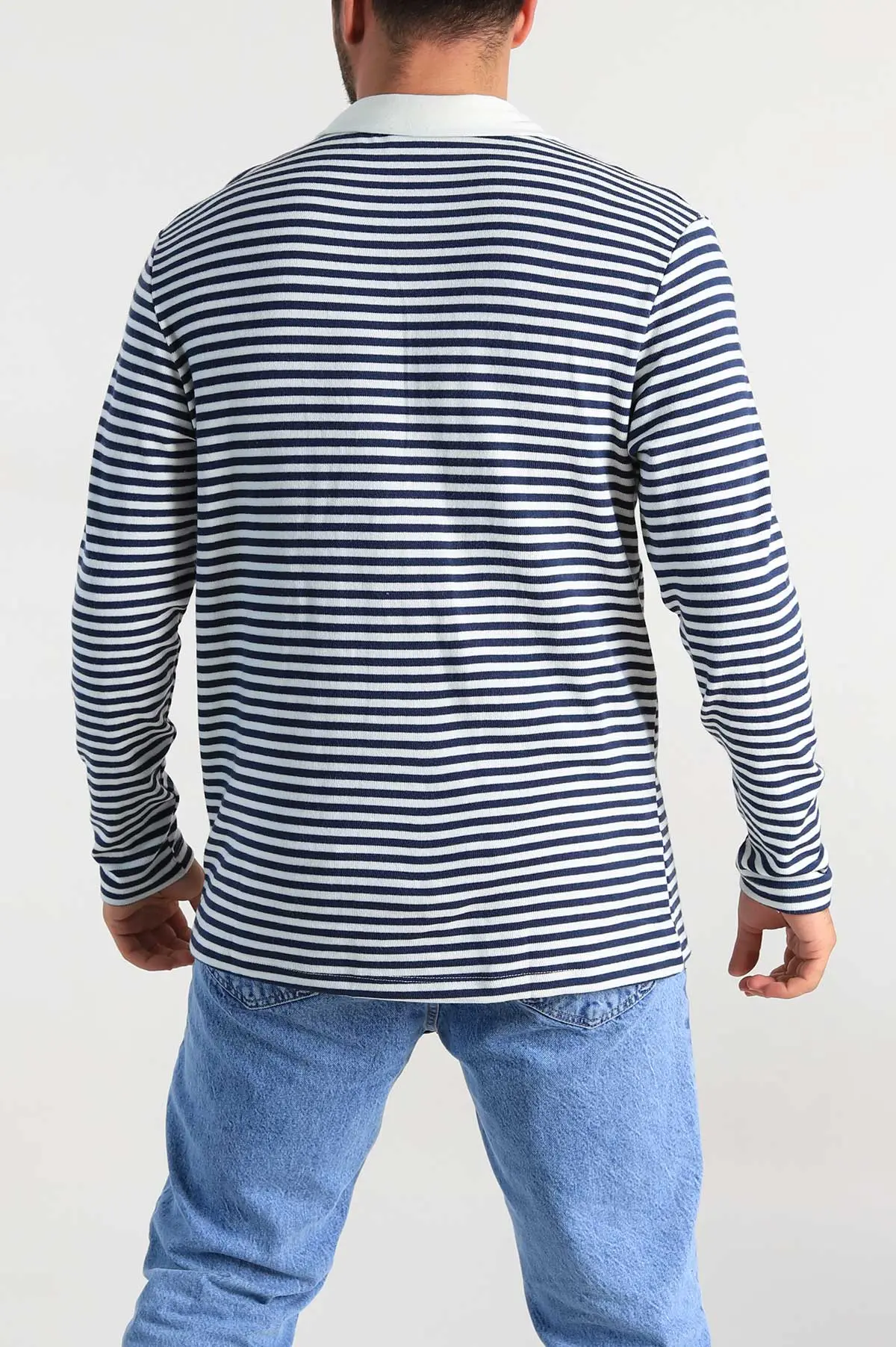 İndigo Beyaz Çizgili Relaxed Fit Polo Yaka Erkek Triko Kazak 309035