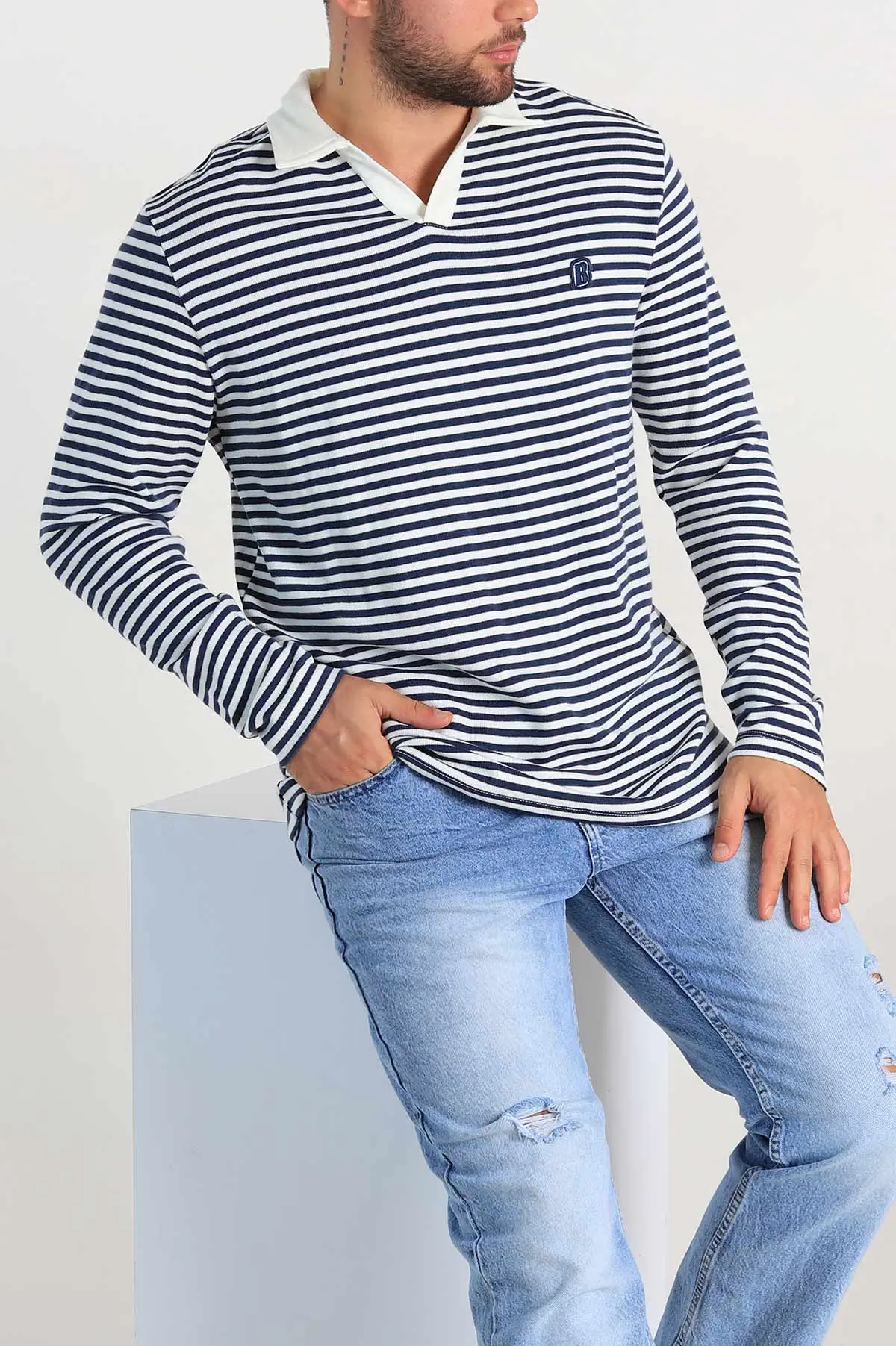 İndigo Beyaz Çizgili Relaxed Fit Polo Yaka Erkek Triko Kazak 309035