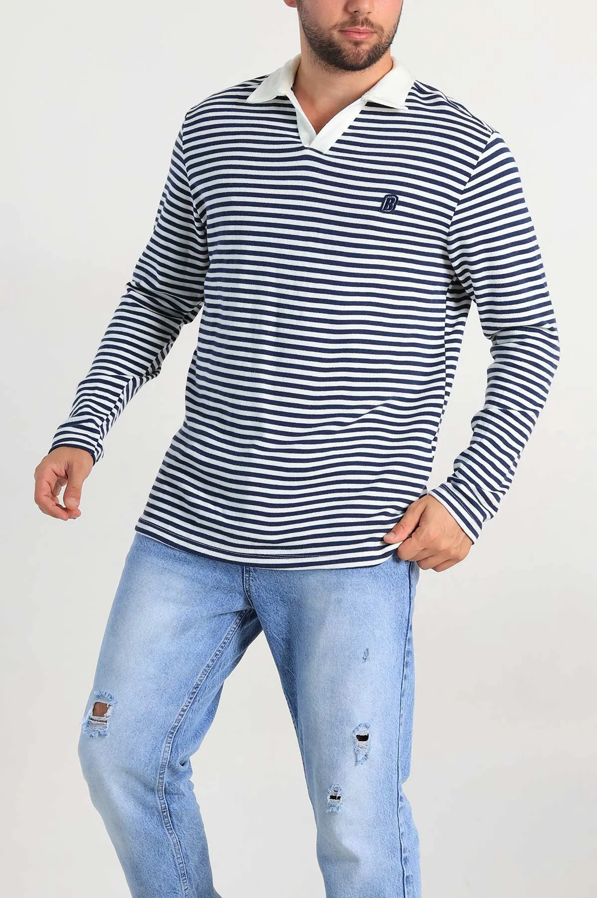 İndigo Beyaz Çizgili Relaxed Fit Polo Yaka Erkek Triko Kazak 309035
