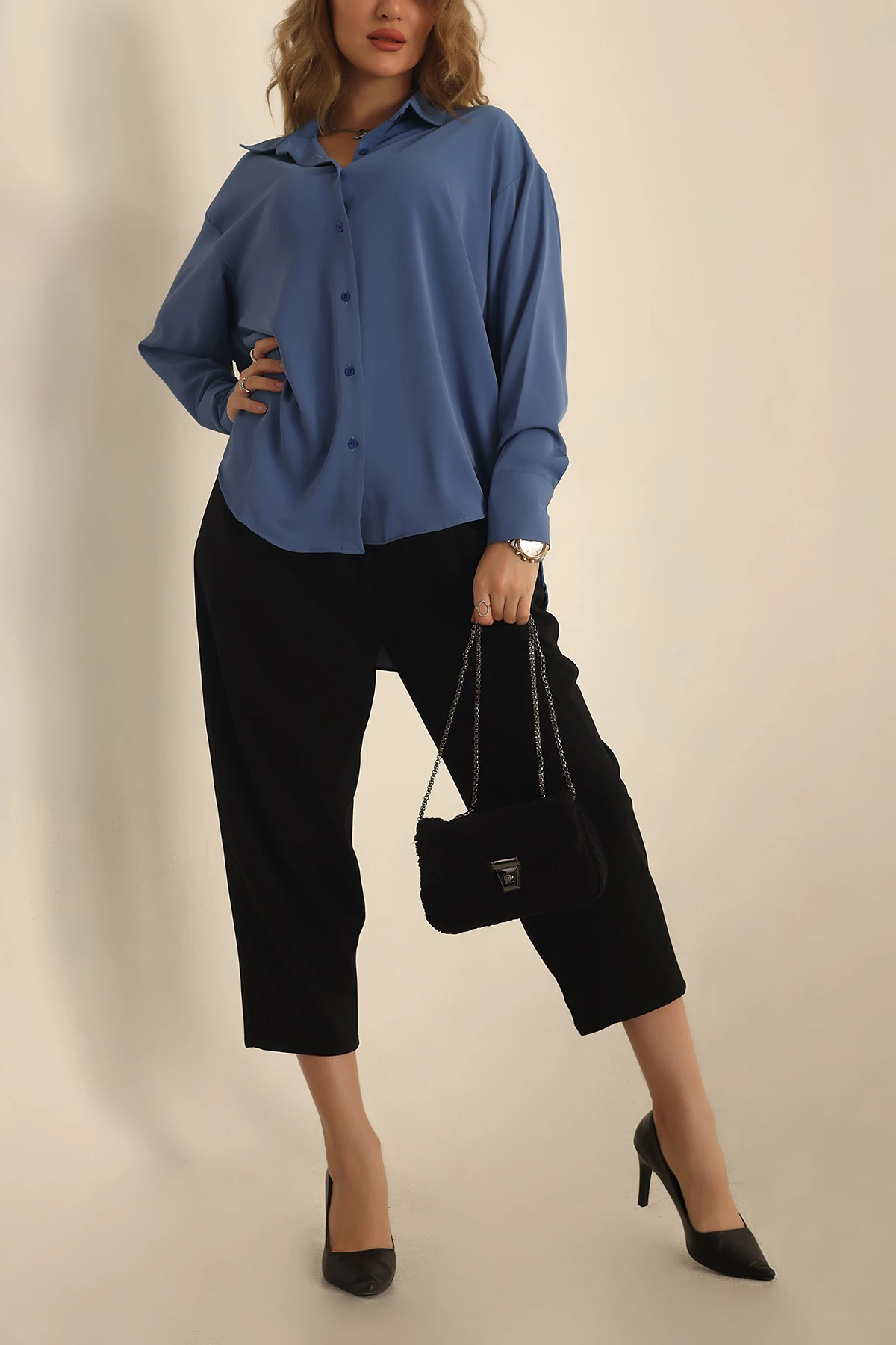 İndigo Charmy Kumaş Oversize Gömlek 231547