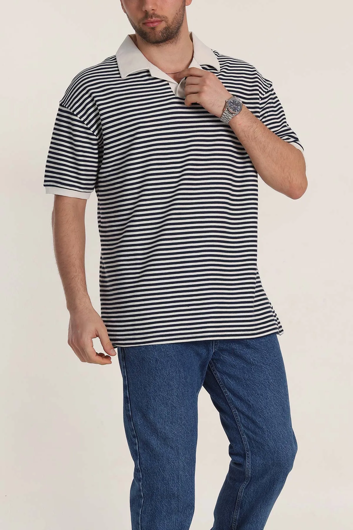 İndigo Çizgili Oversize Örme Polo Yaka Erkek Tişört 349893