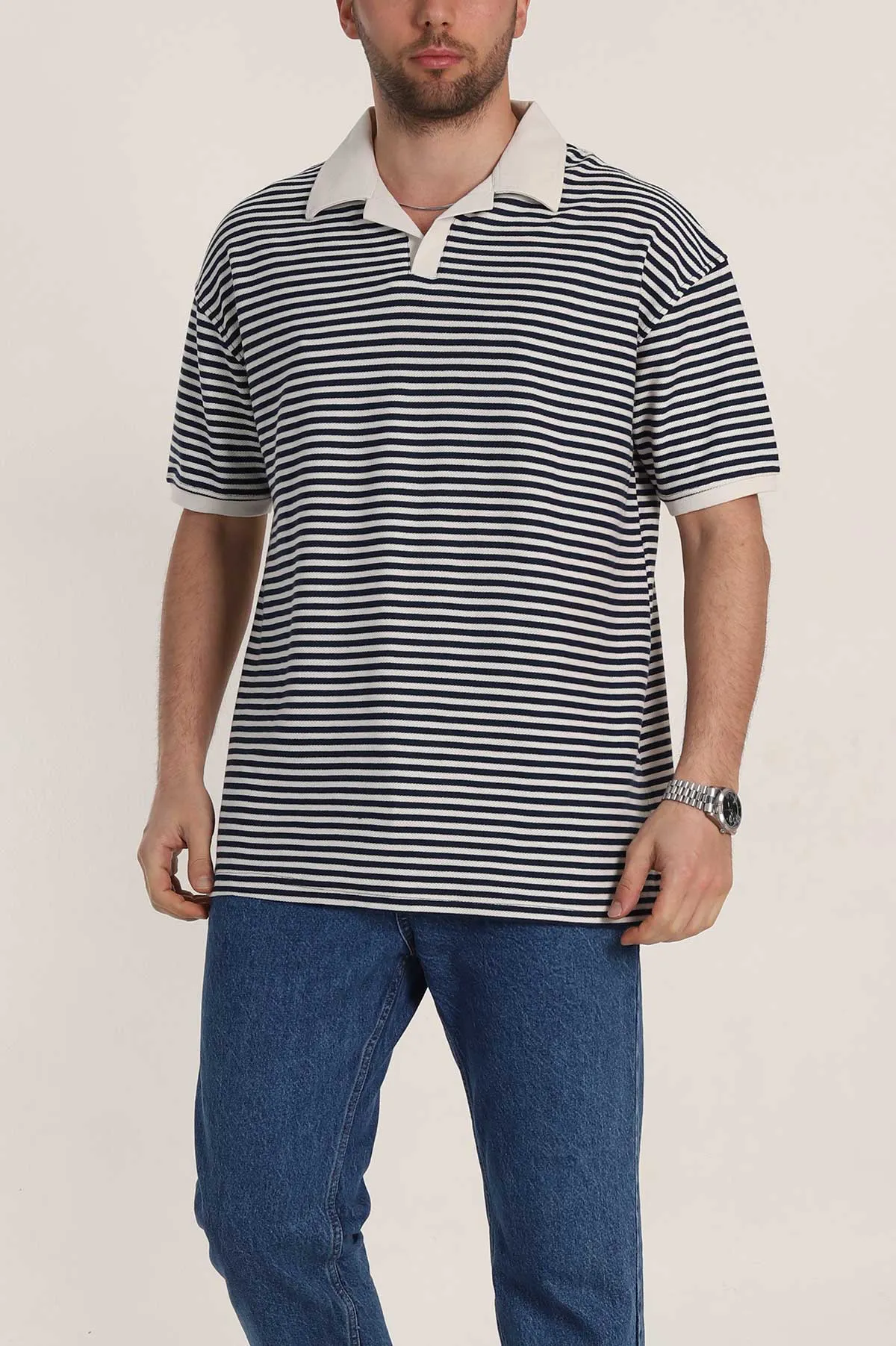 İndigo Çizgili Oversize Örme Polo Yaka Erkek Tişört 349893