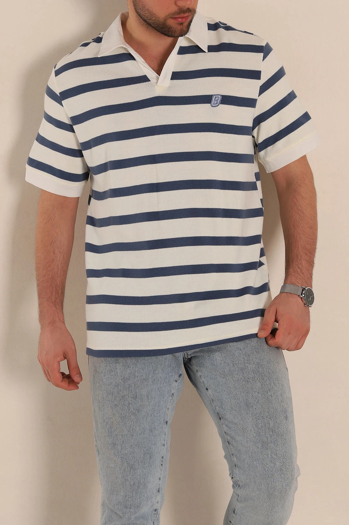 İndigo Çizgili Oversize Polo Yaka Erkek Tişört 272824