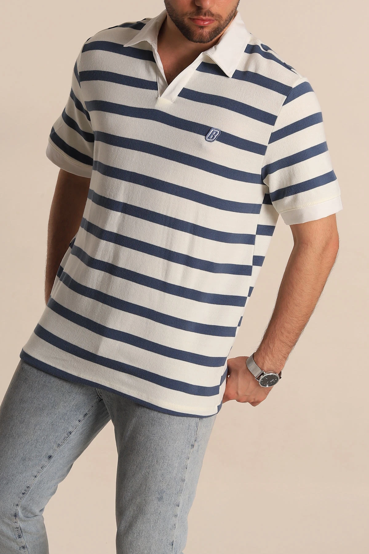 İndigo Çizgili Oversize Polo Yaka Erkek Tişört 272824