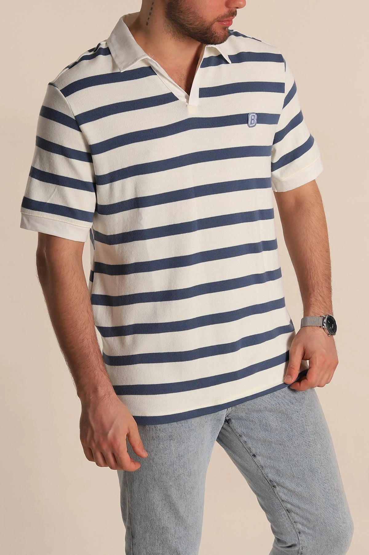 İndigo Çizgili Oversize Polo Yaka Erkek Tişört 272824