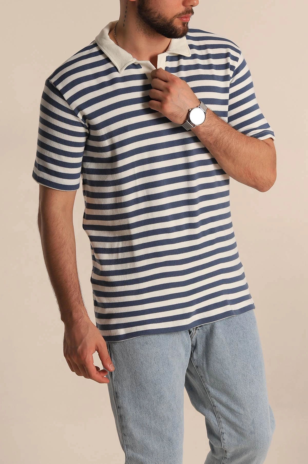 İndigo Çizgili Relaxed Fit Polo Yaka Erkek Triko Tişört 276751