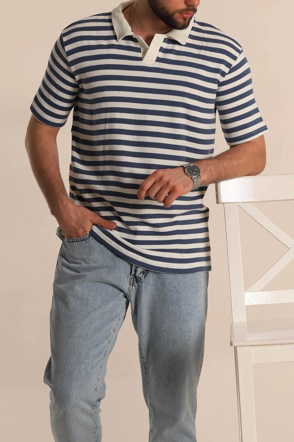 İndigo Çizgili Relaxed Fit Polo Yaka Erkek Triko Tişört 276751