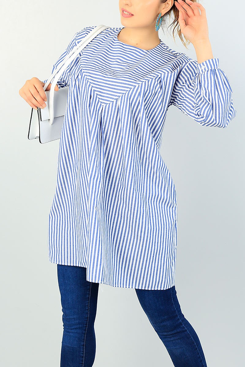 İndigo Çizgili Tasarım Poplin Tunik 68903