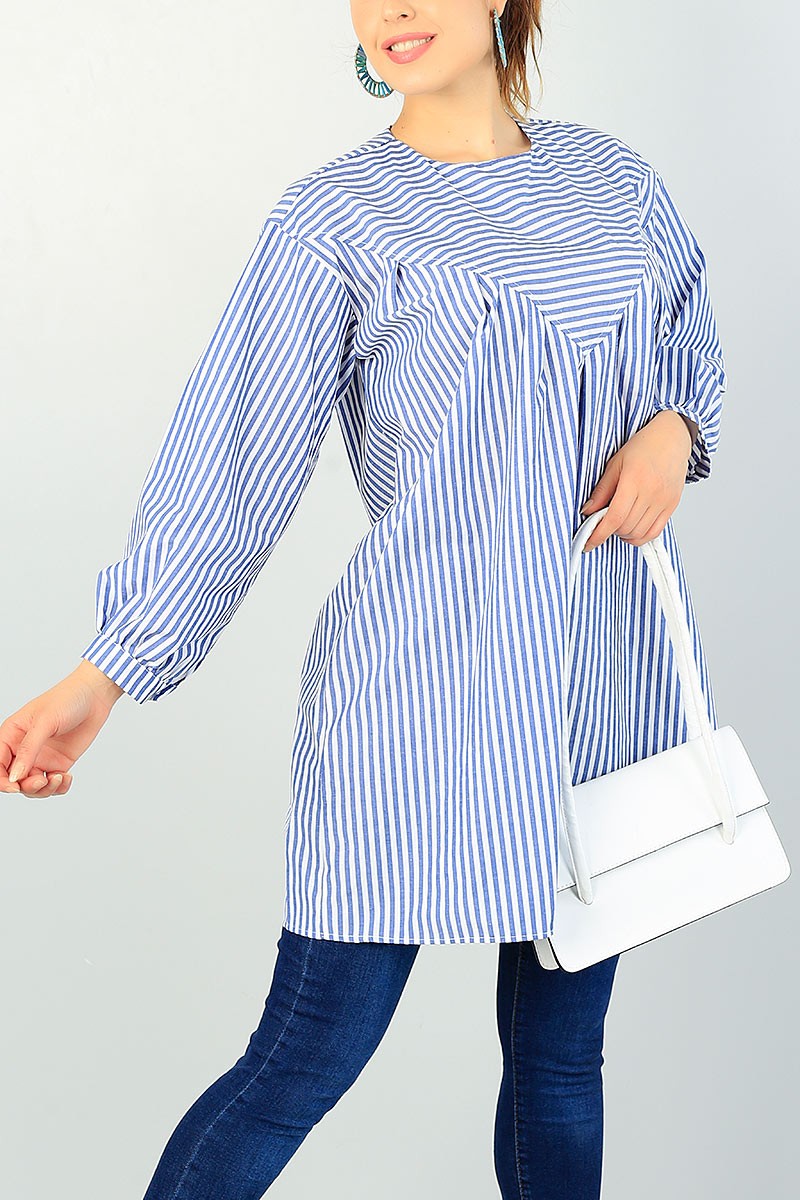İndigo Çizgili Tasarım Poplin Tunik 68903