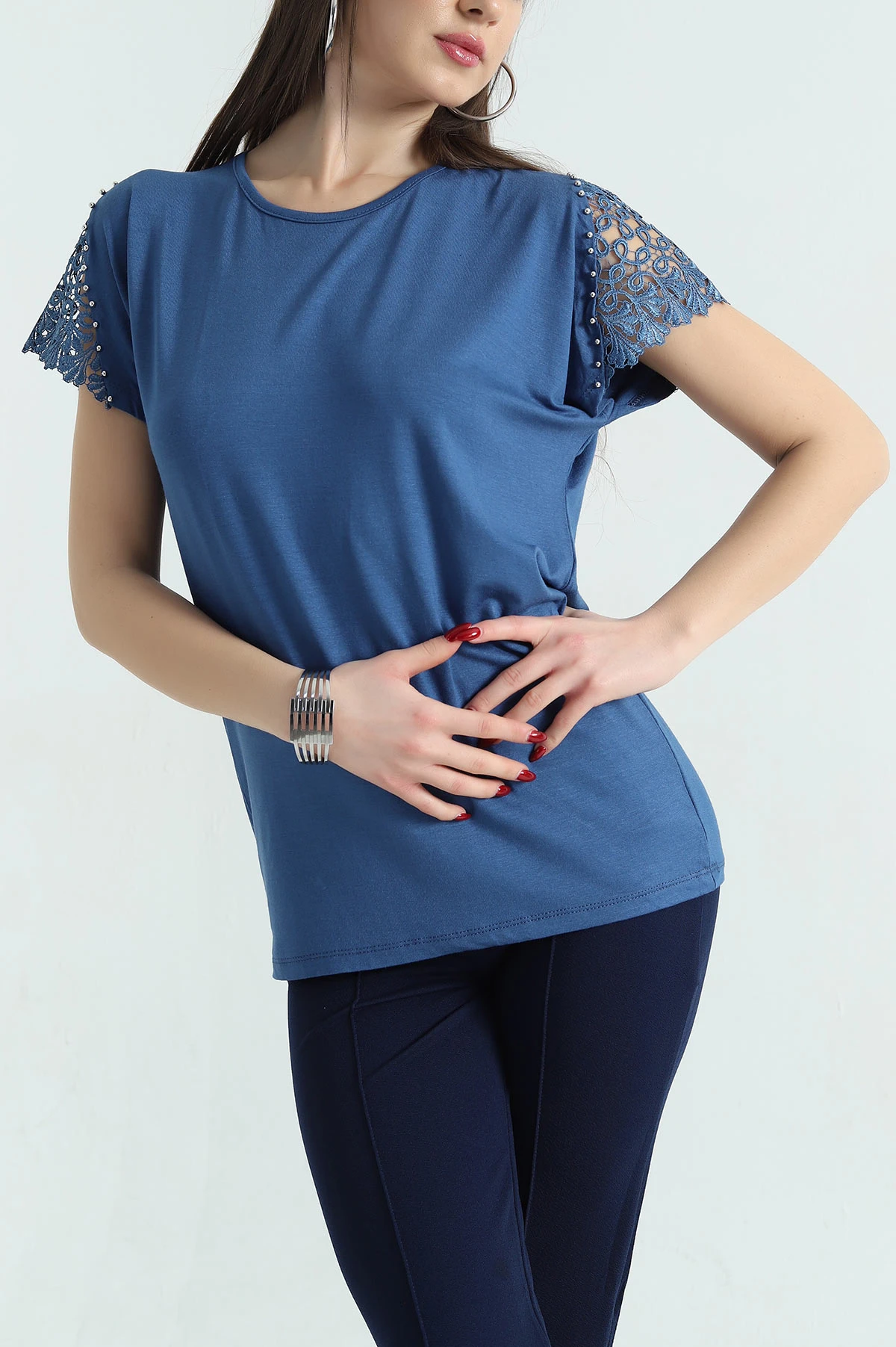 İndigo Dantelli İncili Çilek Bluz 334545