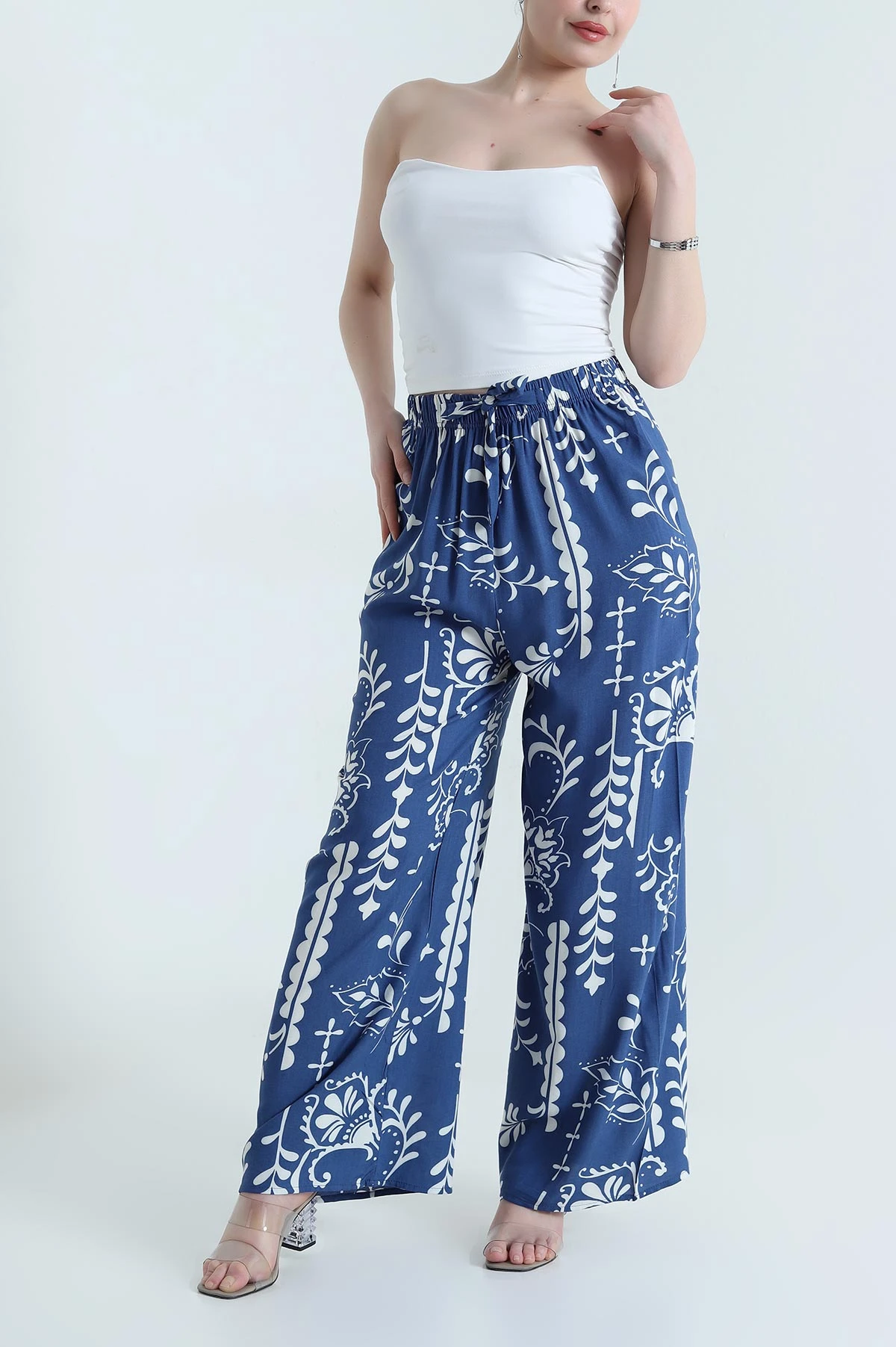 İndigo Desenli Dokuma Kadın Pantolon 456142