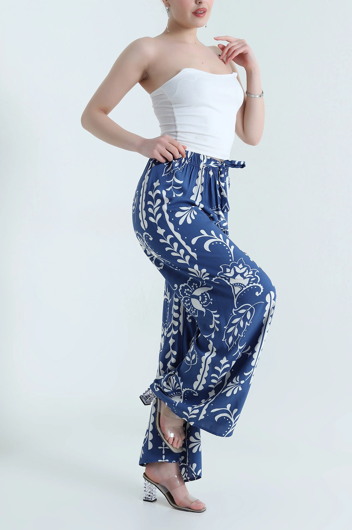 İndigo Desenli Dokuma Kadın Pantolon 456142