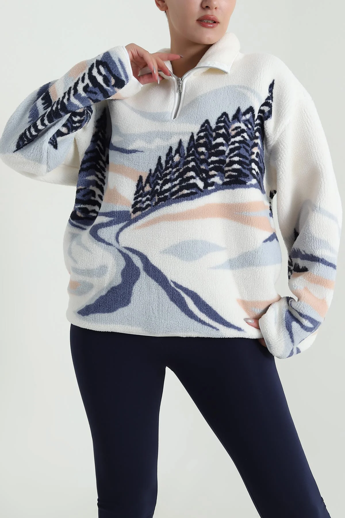 İndigo Desenli Uzun Kollu Teddy Kadın Sweat 482454
