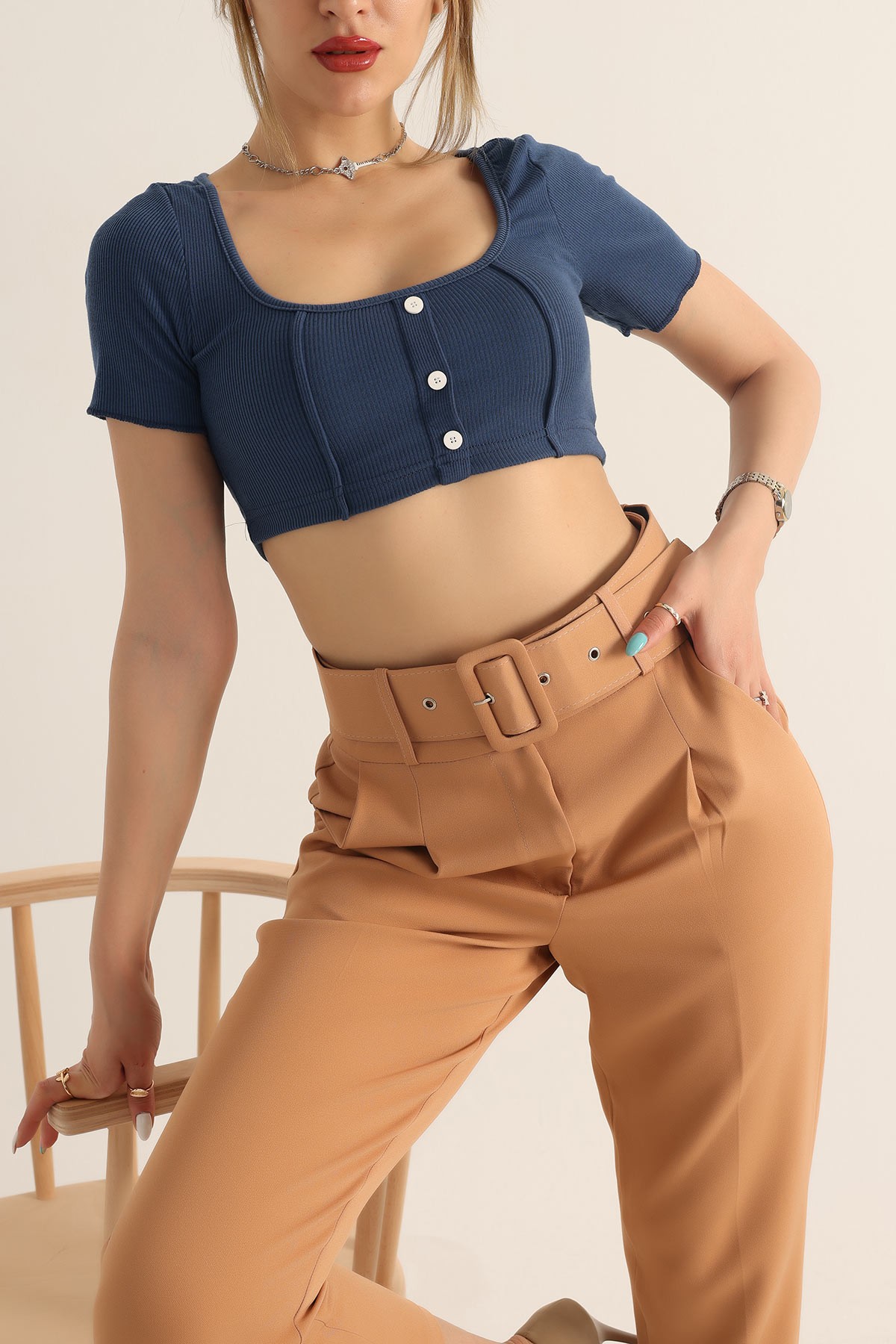 İndigo Düğmeli Likralı Crop 174174