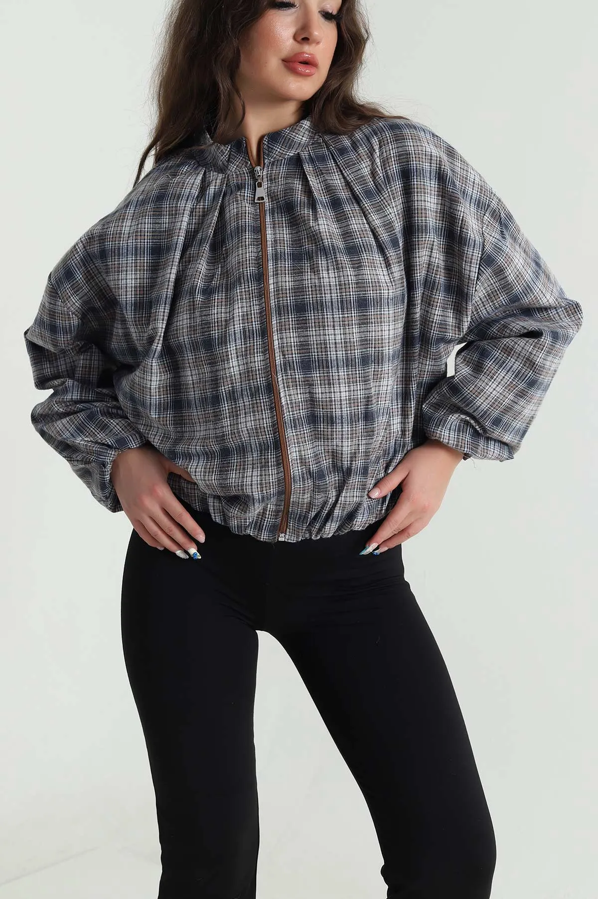 İndigo Ekose Bomber Kadın Mevsimlik Mont 484489