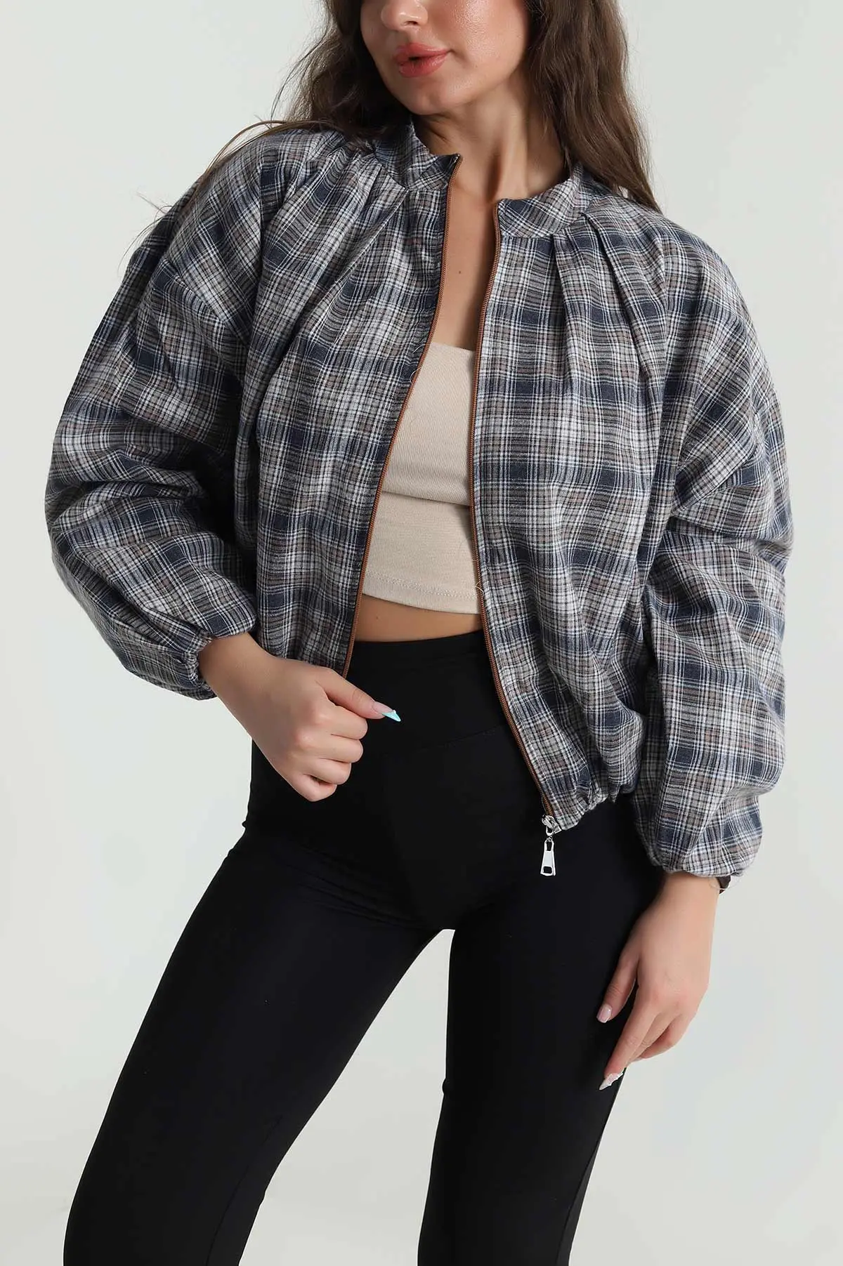 İndigo Ekose Bomber Kadın Mevsimlik Mont 484489