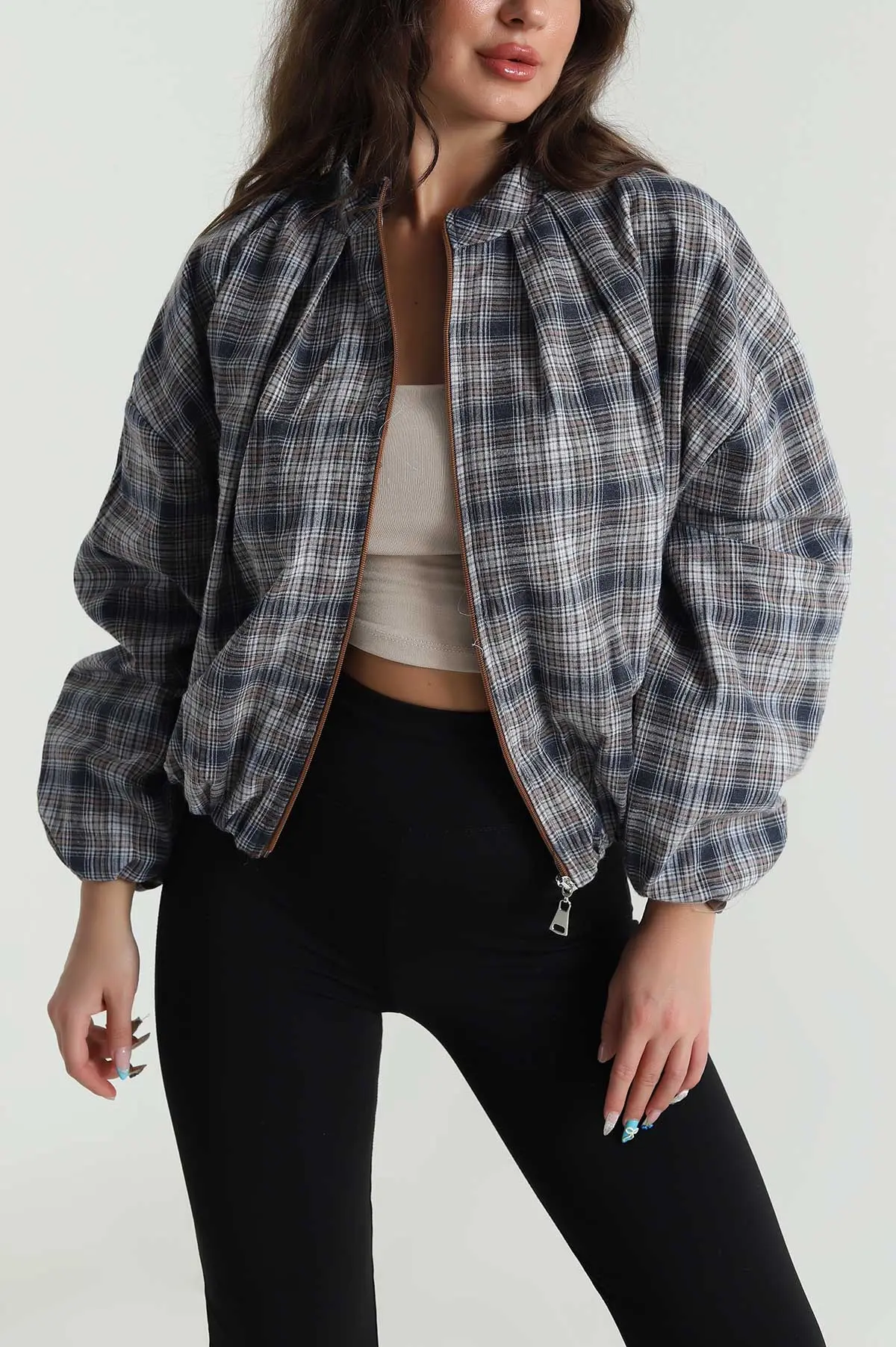 İndigo Ekose Bomber Kadın Mevsimlik Mont 484489