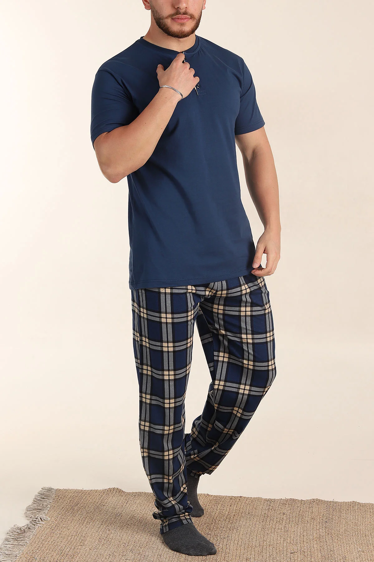 İndigo Ekose Desenli 3 Düğmeli Kısa Kol Erkek Pijama Takımı 357475
