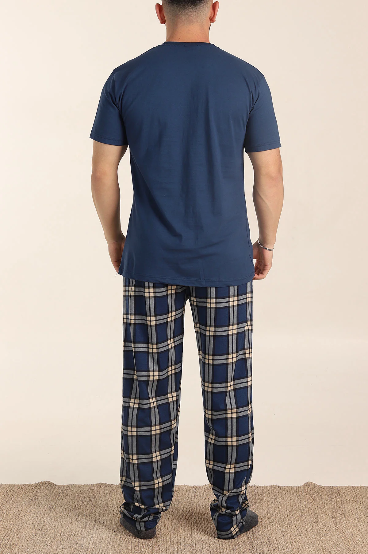 İndigo Ekose Desenli 3 Düğmeli Kısa Kol Erkek Pijama Takımı 357475