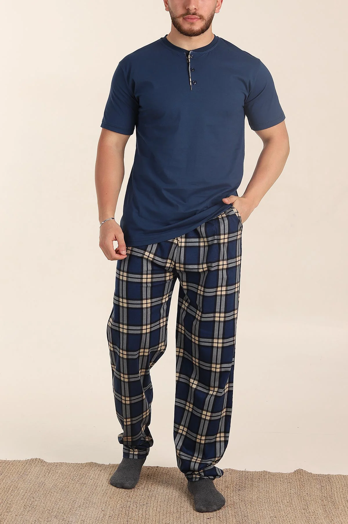 İndigo Ekose Desenli 3 Düğmeli Kısa Kol Erkek Pijama Takımı 357475