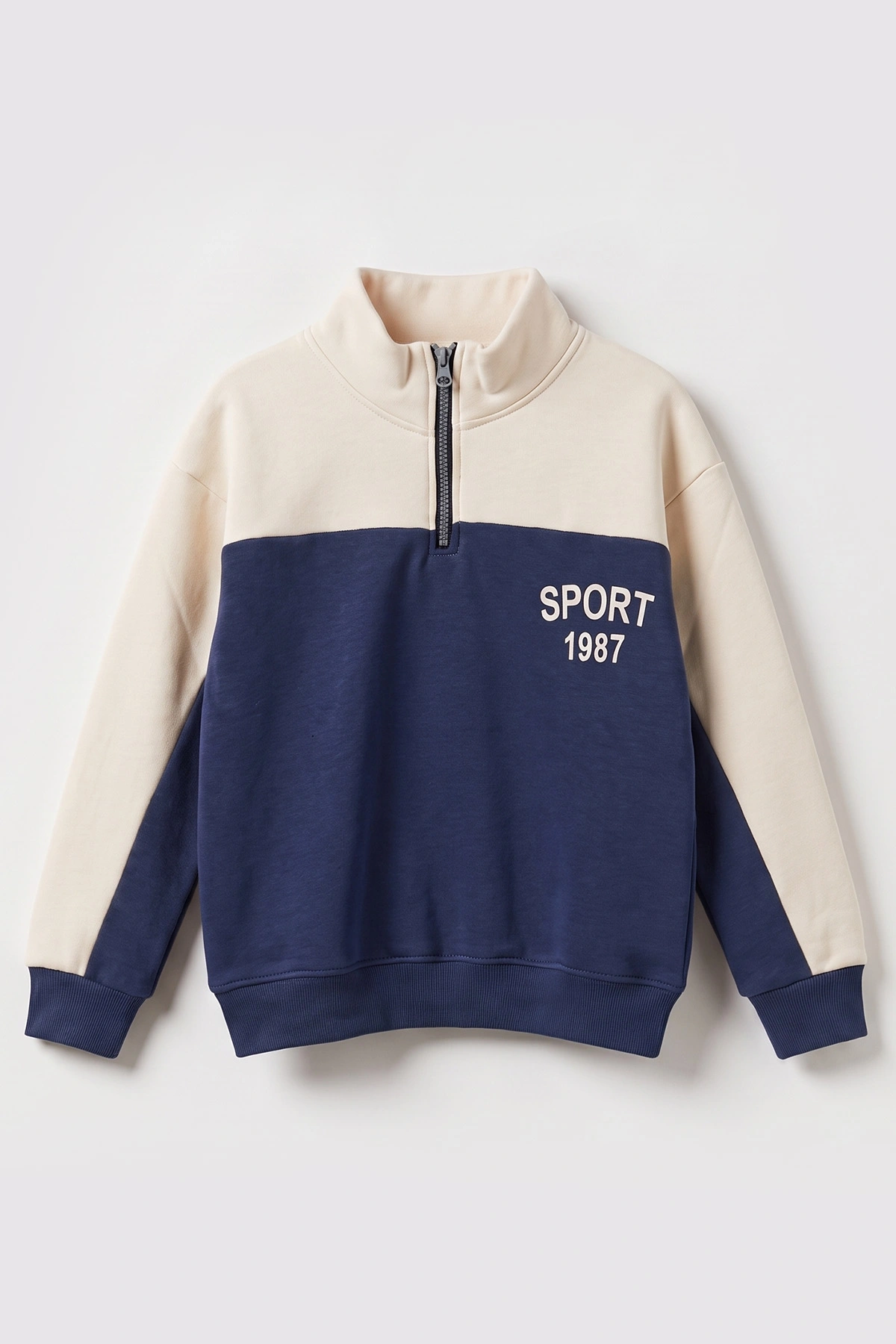 İndigo Ekru (5-12 Yaş) Sports Baskılı Yarım Fermuarlı 3 İp Şardonlu Erkek Çocuk Sweatshirt 481751