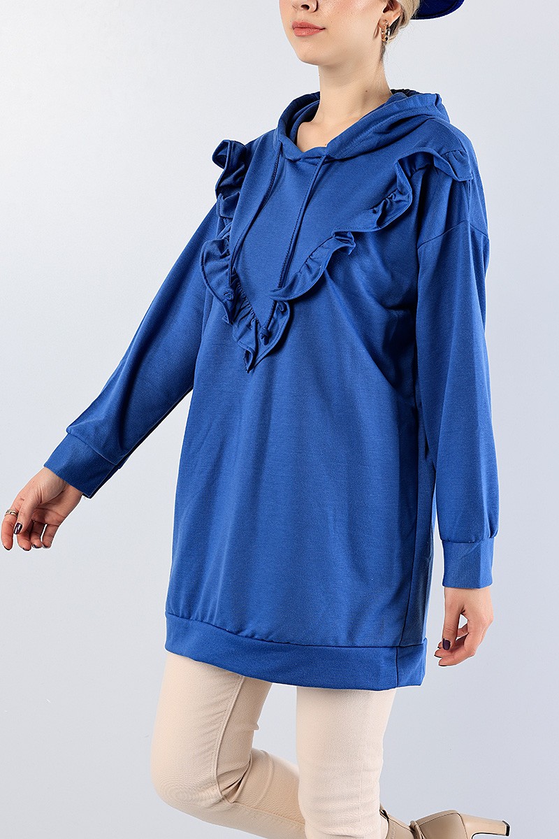 İndigo Fırfır Tasarımlı Kapüşonlu Sweat Tunik 79463