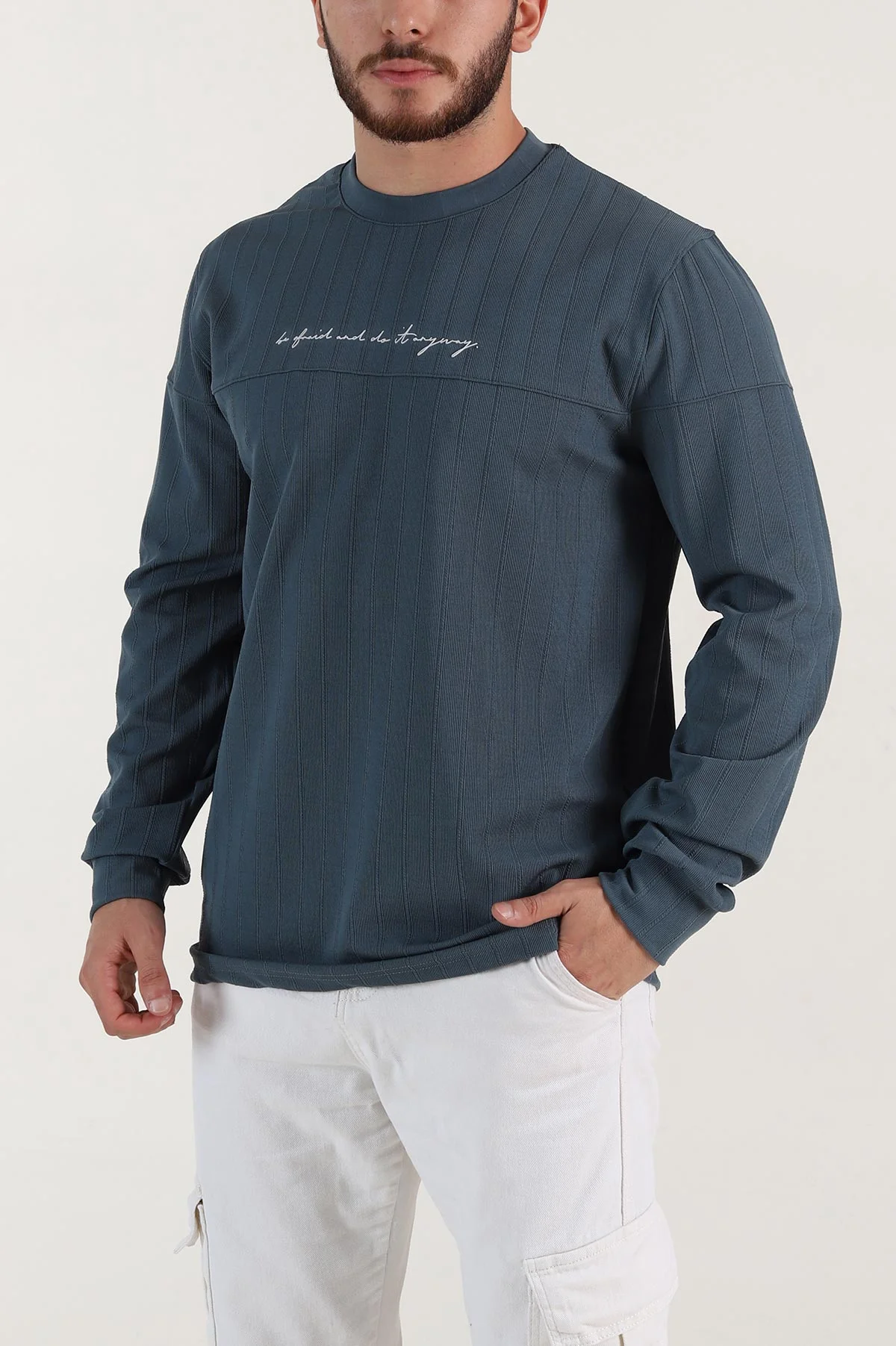 İndigo Fitilli Nakışlı Bisiklet Yaka Erkek Sweatshirt 396905