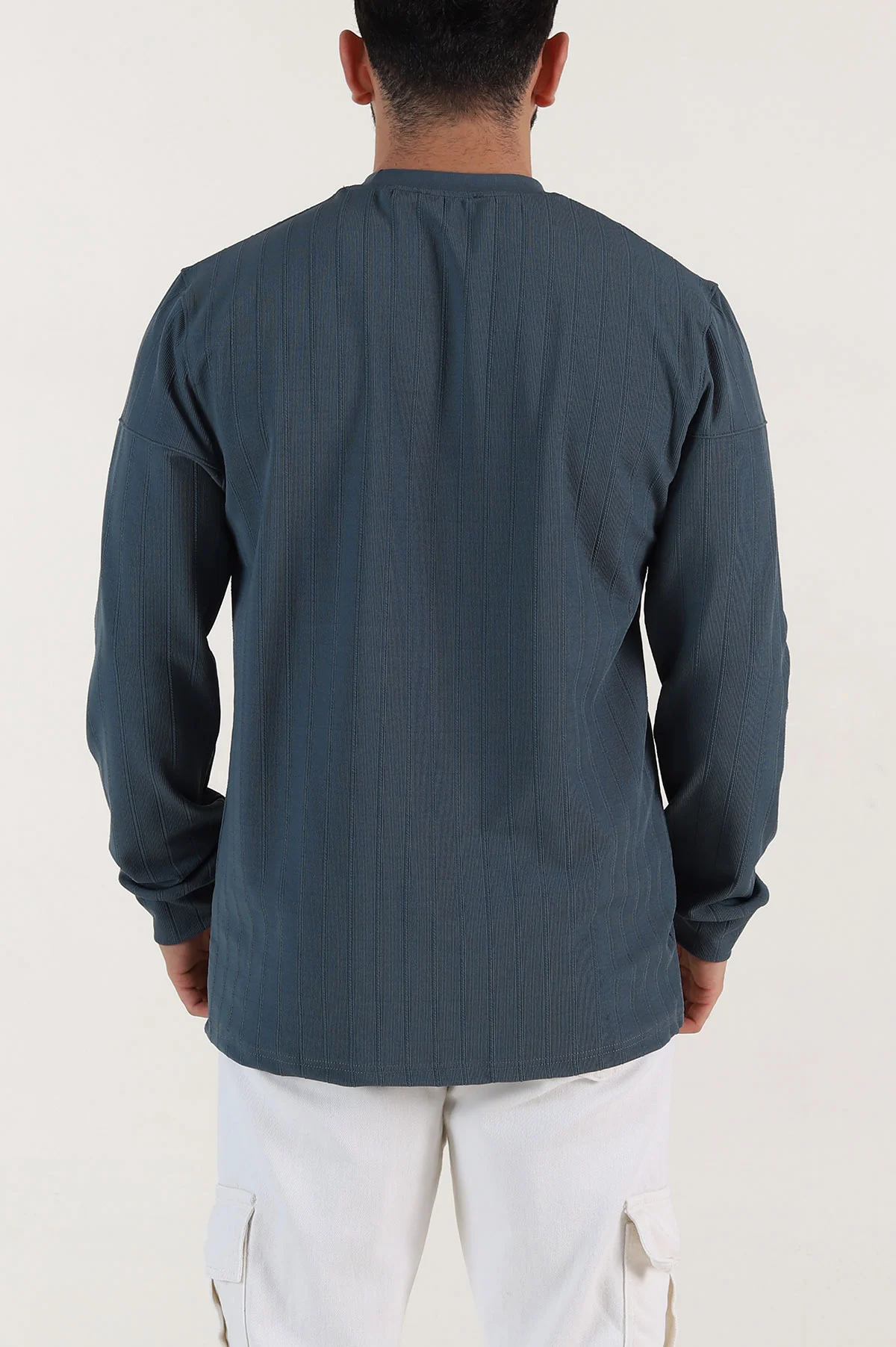 İndigo Fitilli Nakışlı Bisiklet Yaka Erkek Sweatshirt 396905